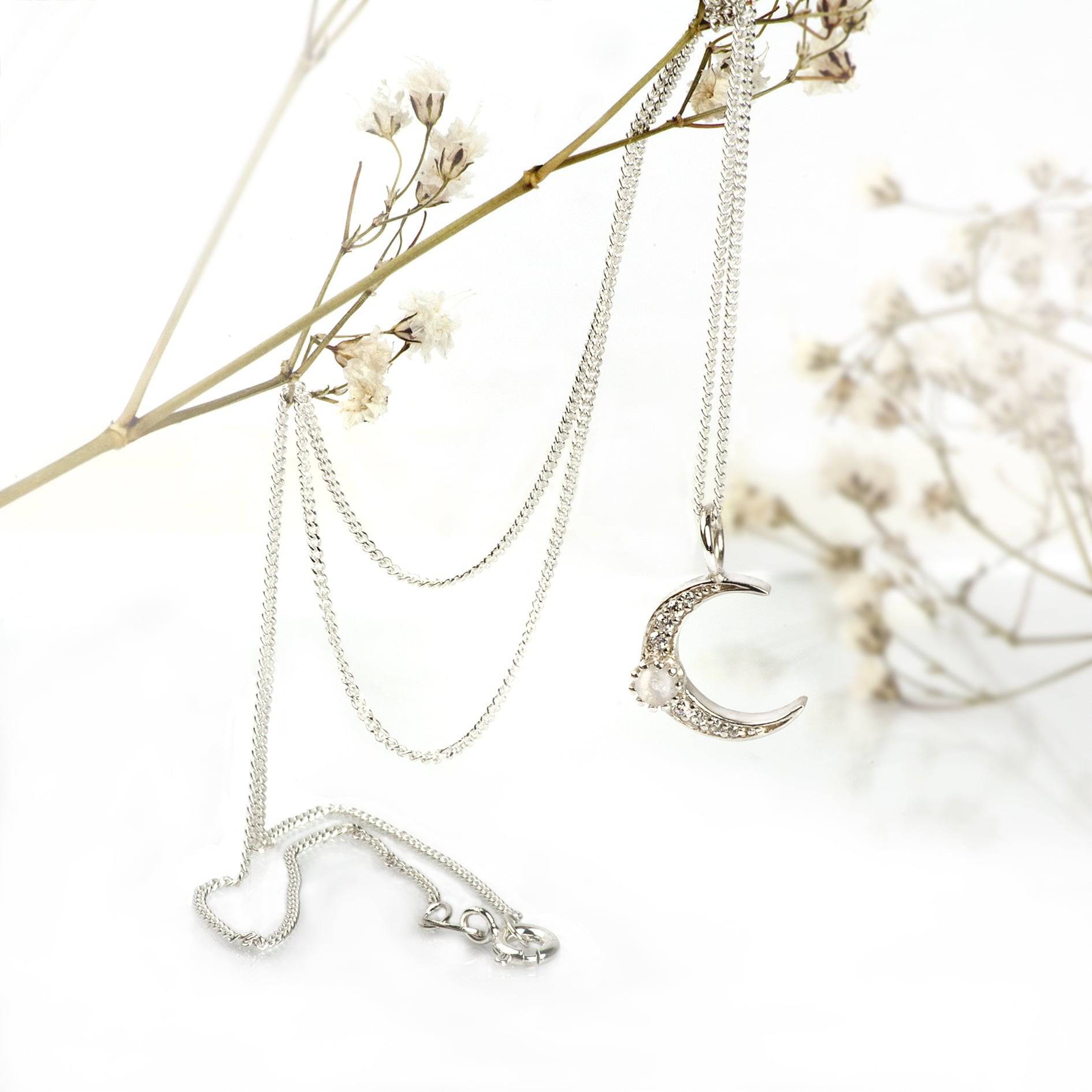 Cresent Moon Charm Necklace with CZ and Moonstone in Sterling Silver