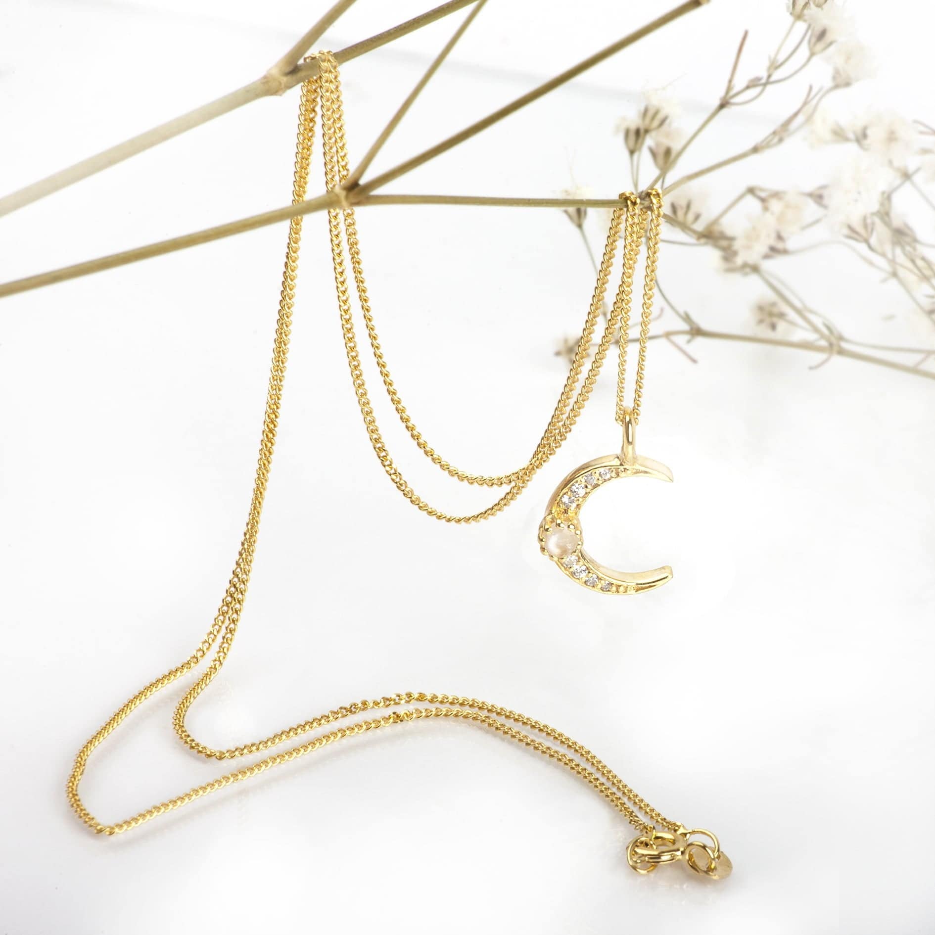 Crescent Moon Charm Necklace with CZ and Moonstone in Gold Vermeil