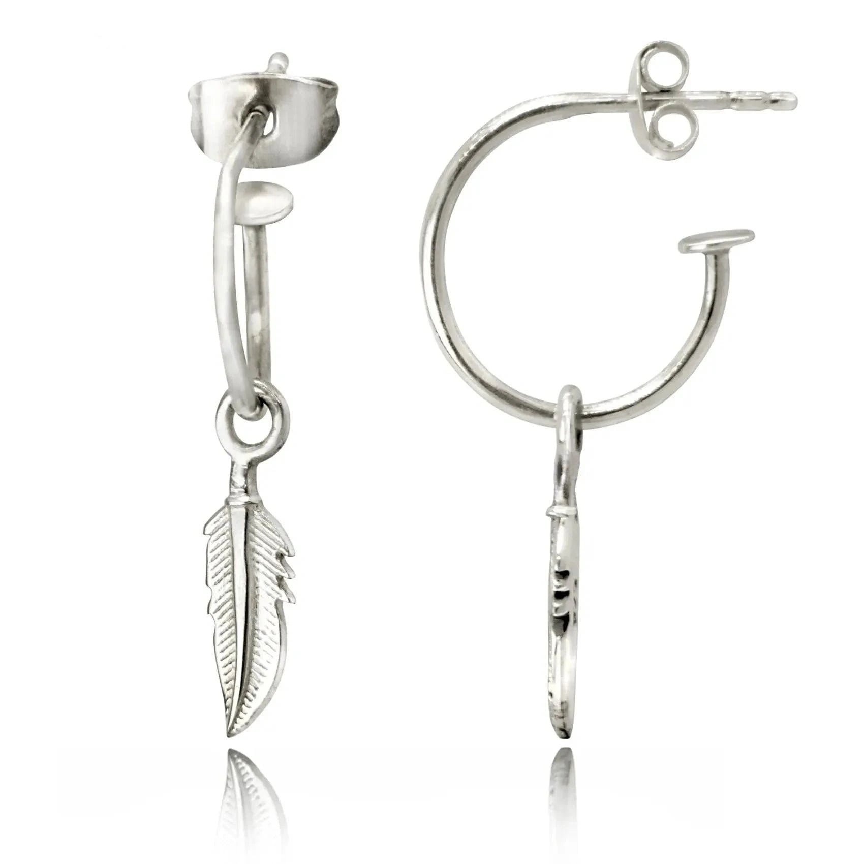 Open Hoop Earrings with Feather Charm in Sterling Silver