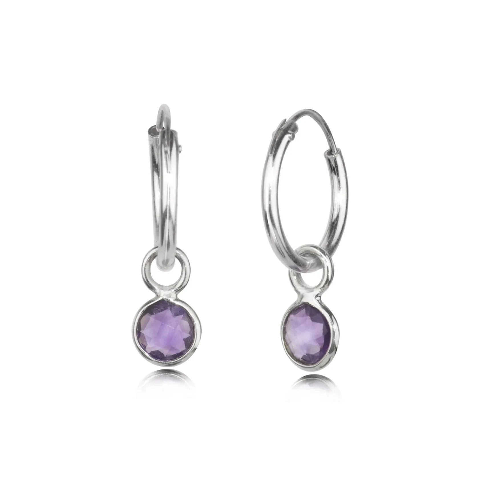 February Birthstone Hoop Earrings with Amethyst Charm in Sterling Silver
