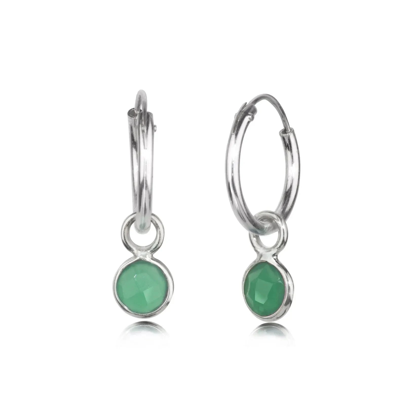 Hoop Earrings with Green Onyx Charm in Sterling Silver