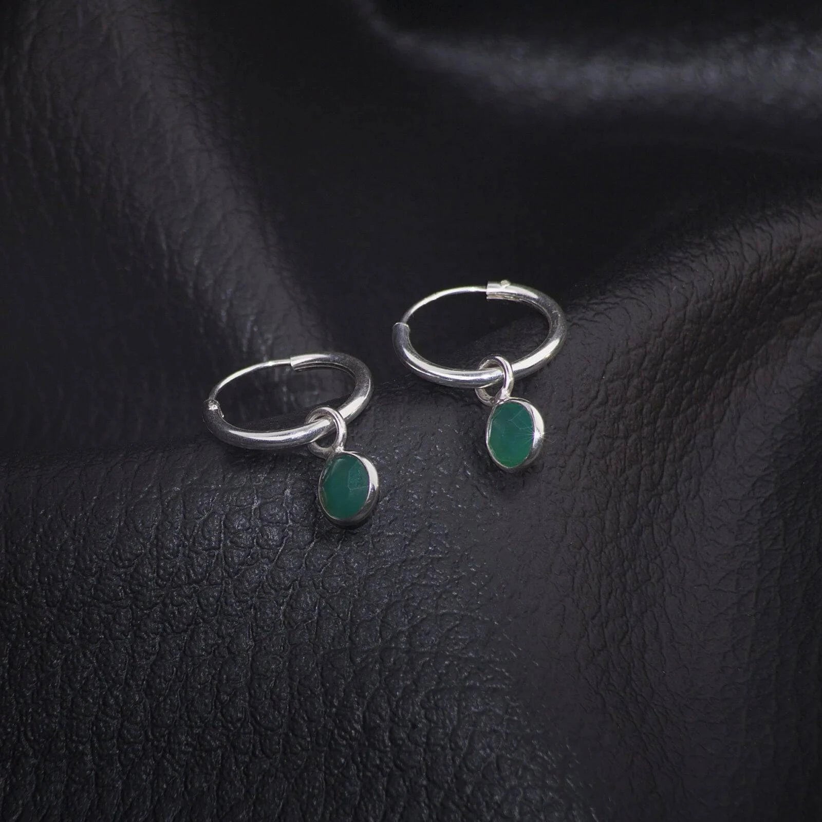 Hoop Earrings with Green Onyx Charm in Sterling Silver