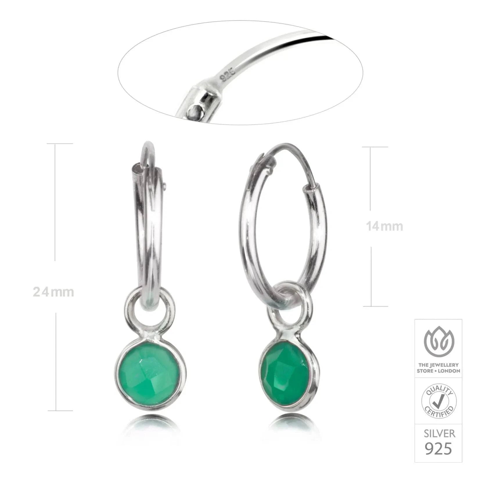Hoop Earrings with Green Onyx Charm in Sterling Silver