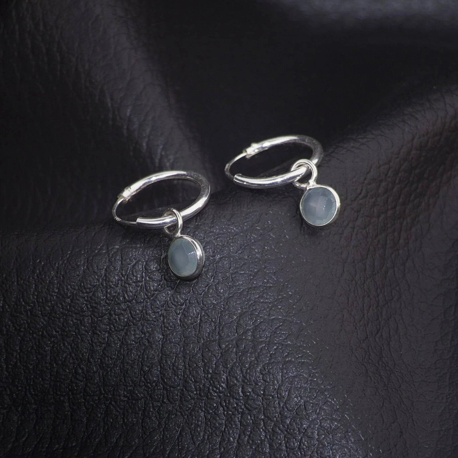 March Birthstone Hoop Earrings with Aqua Chalcedony Charm, in Sterling Silver
