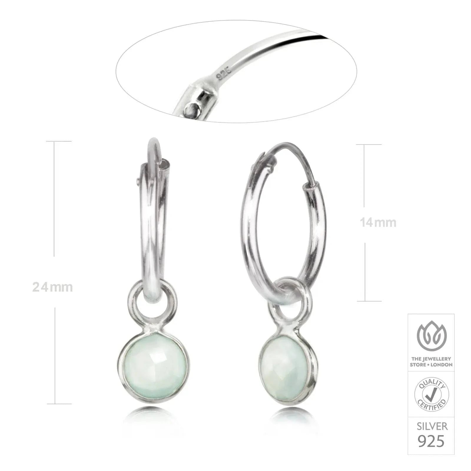 March Birthstone Hoop Earrings with Aqua Chalcedony Charm, in Sterling Silver