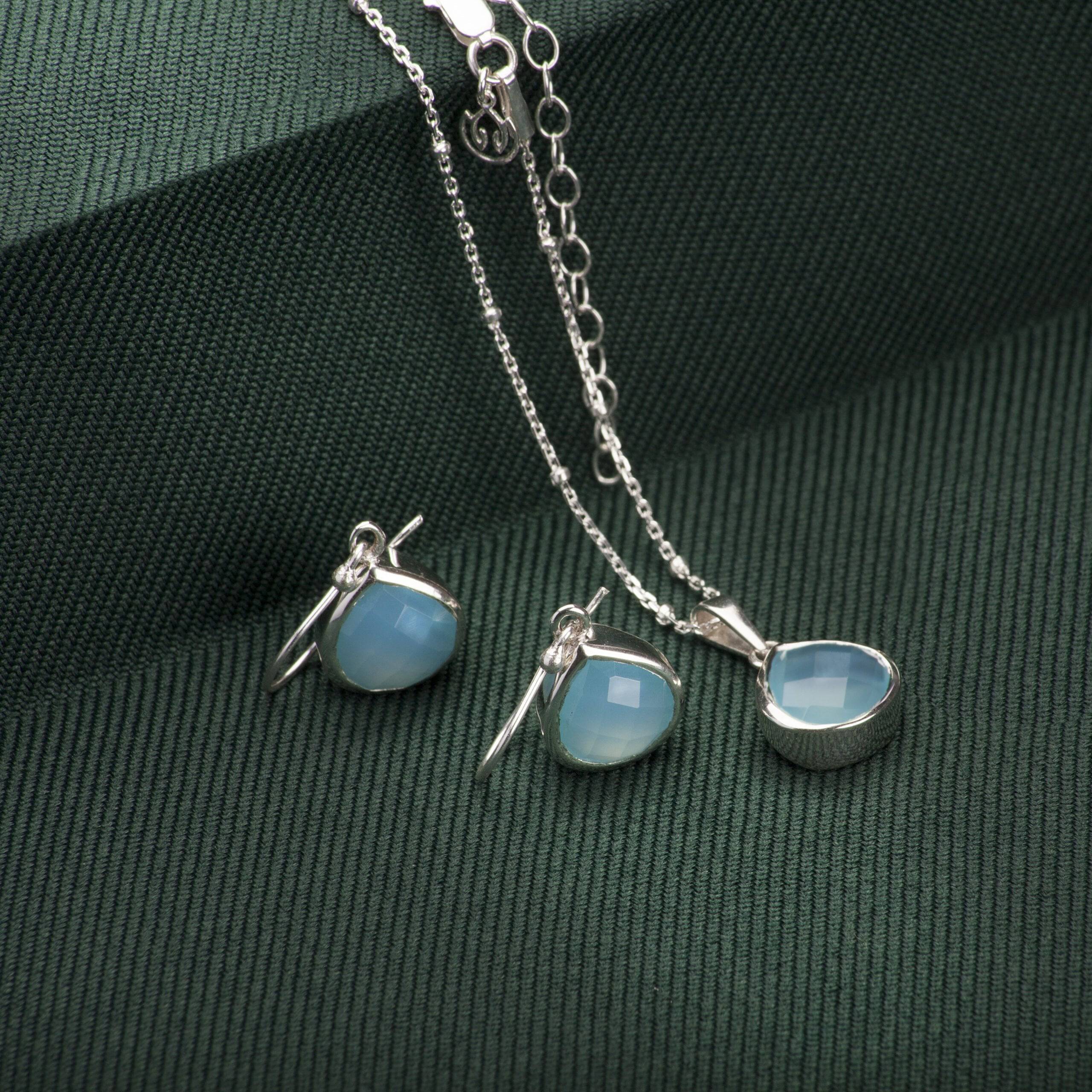 Pear-Shaped Aqua Chalcedony Jewellery Set in Sterling Silver