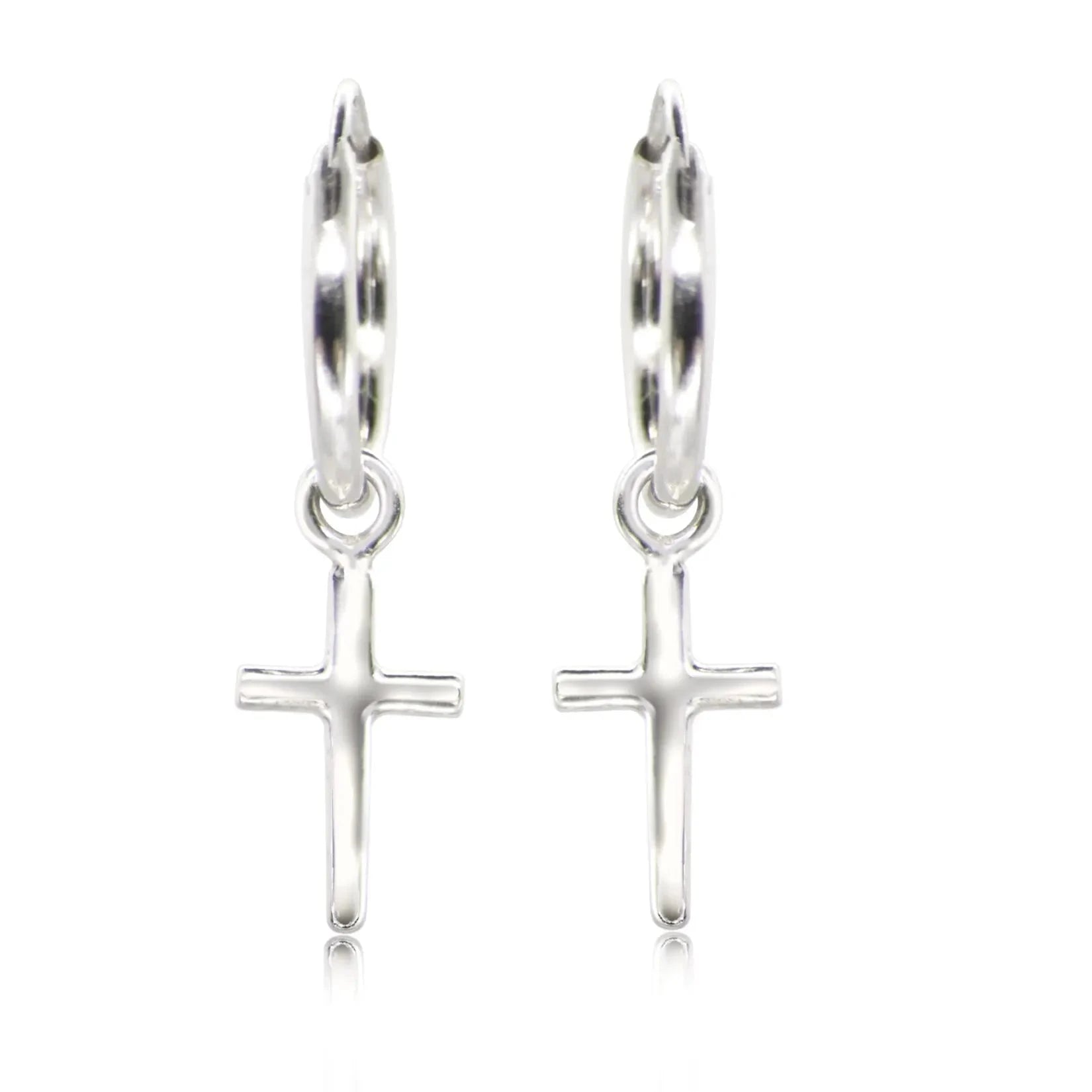 Hoop Earrings with Plain Cross Charm in Sterling Silver