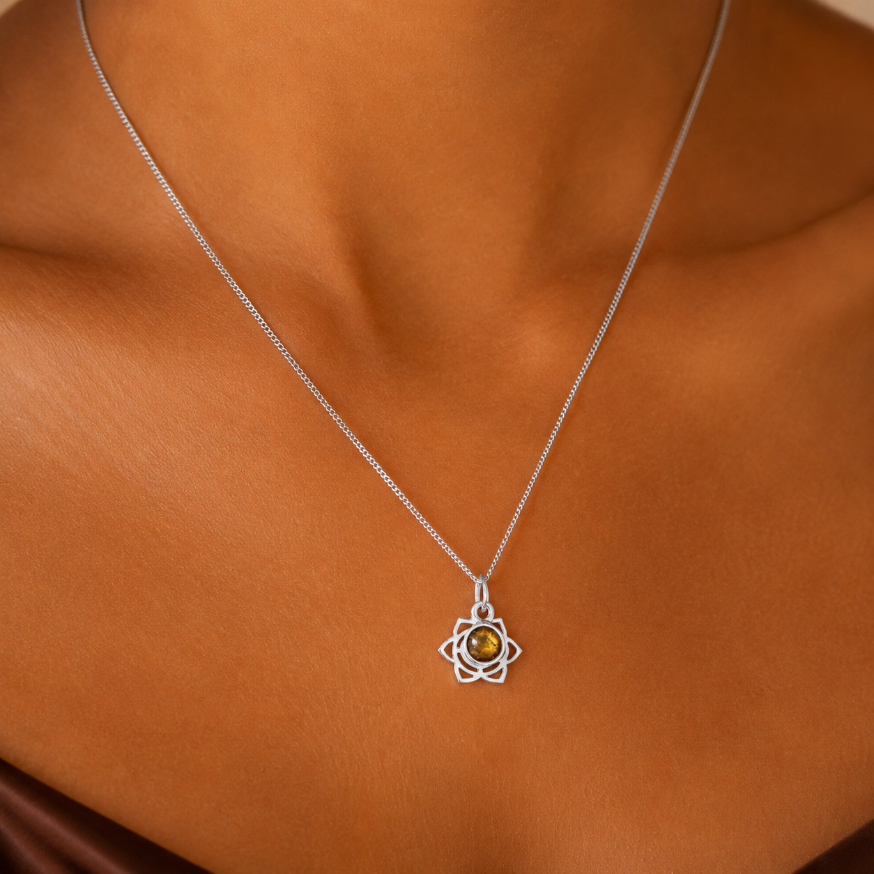 Sacral Chakra/Svadhishthana Chakra Charm Necklace In Sterling Silver - Tiger Eye