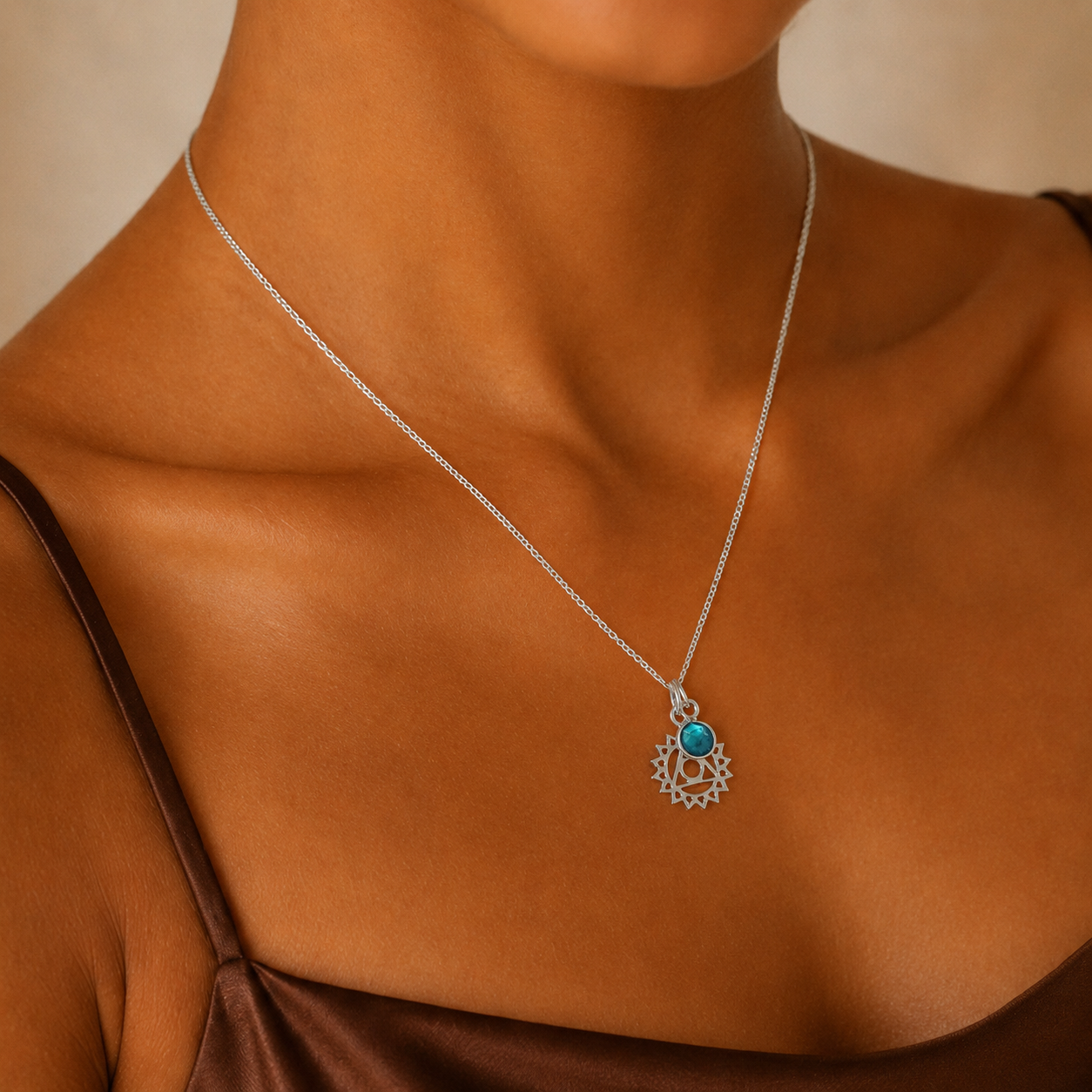Throat Chakra/Vishuddha Chakra Charm Necklace In Sterling Silver - Turquoise