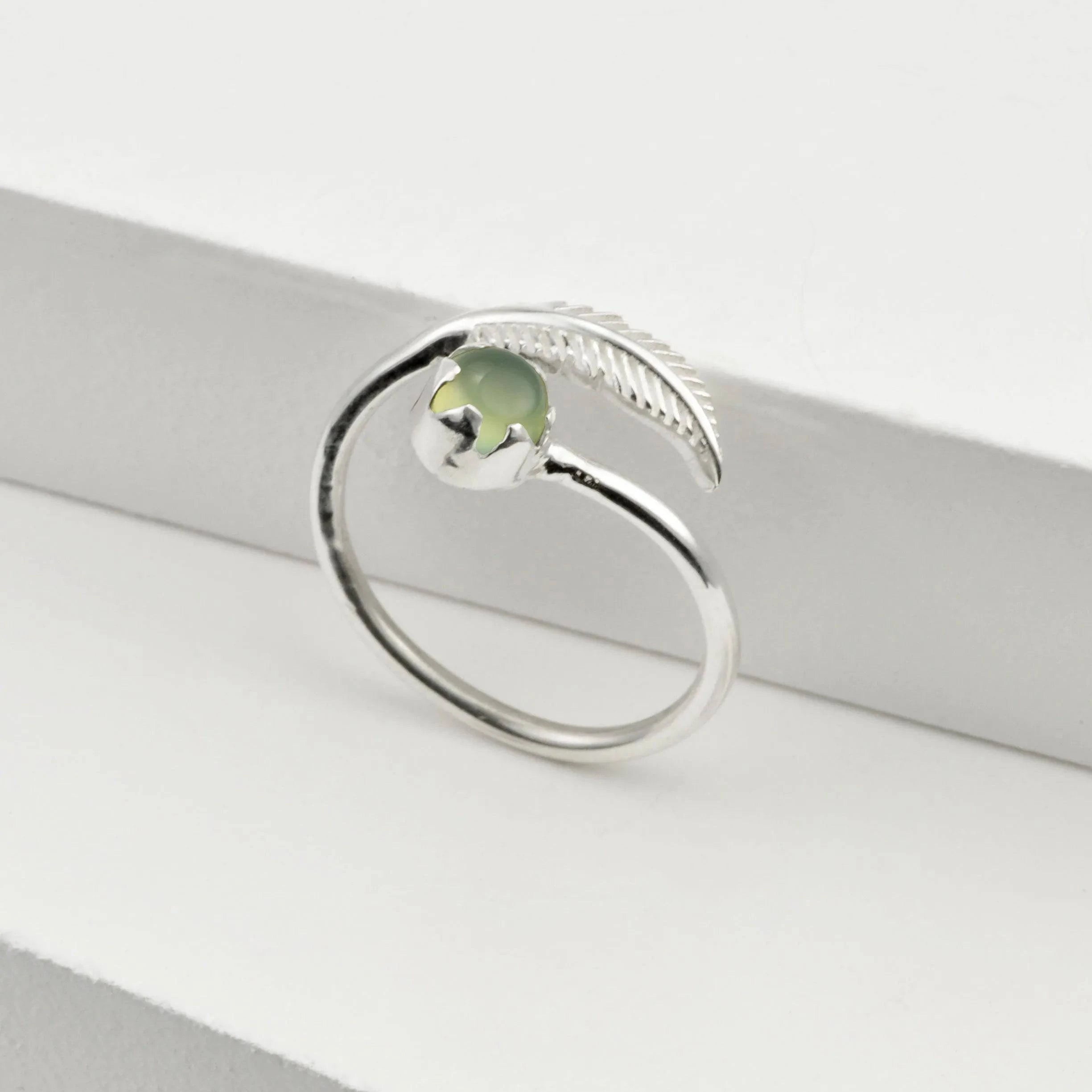 Adjustable Aqua Calci and Leaf Ring in Sterling Silver