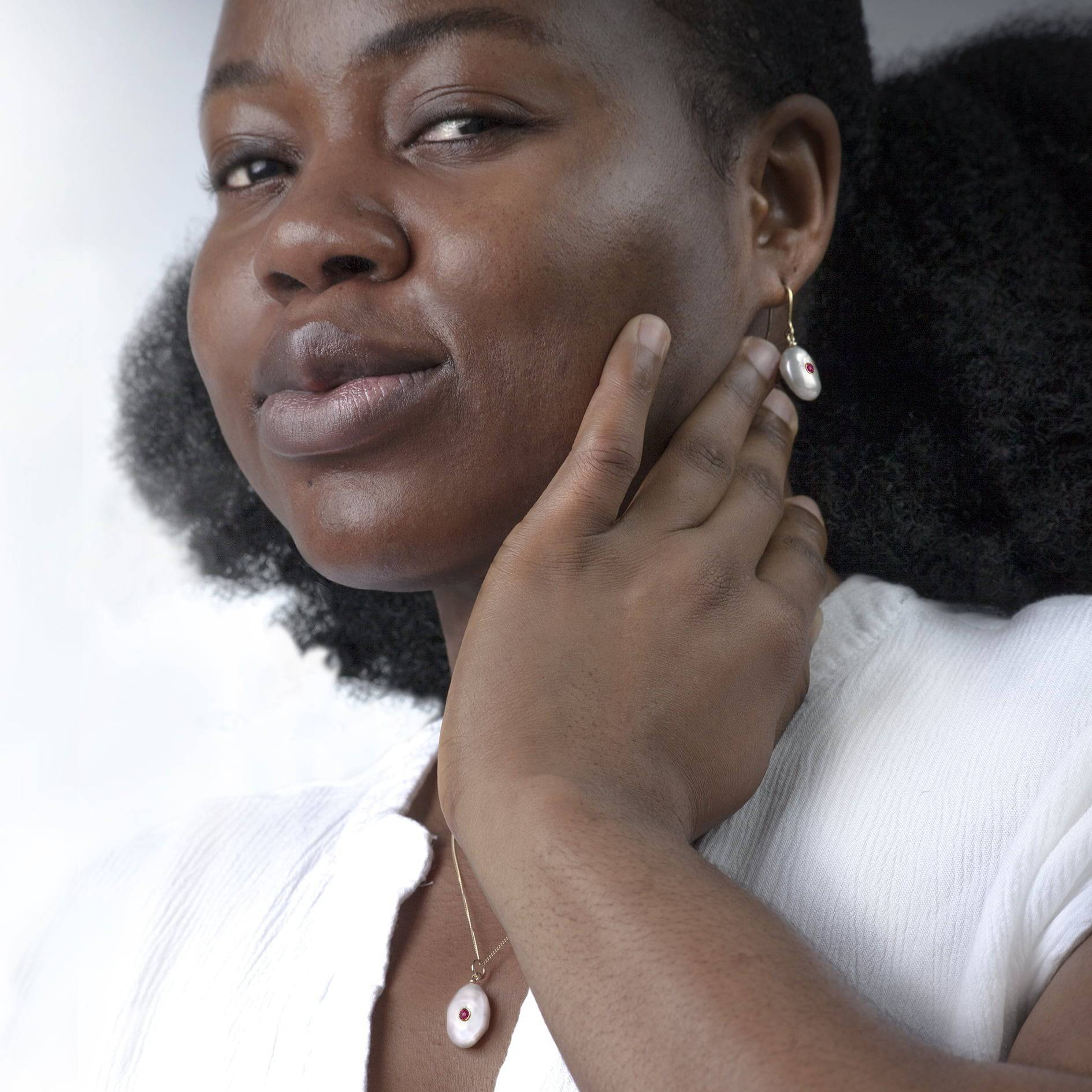 Keshi Pearl Necklace and earrings with Ruby in Solid Gold