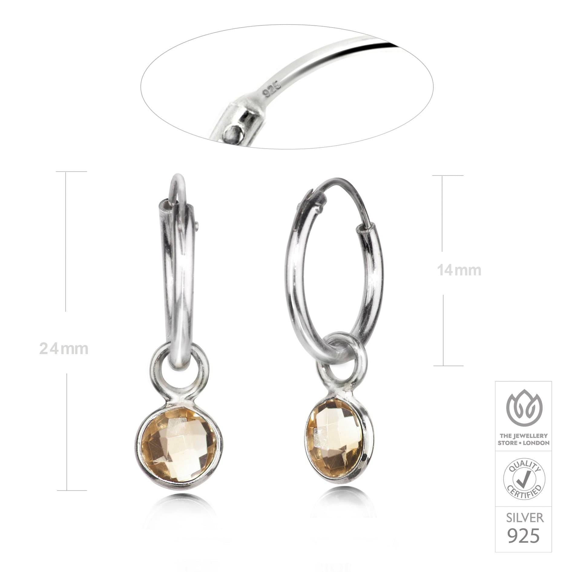 November Birthstone Hoop Earrings with Citrine Charm in Sterling Silver