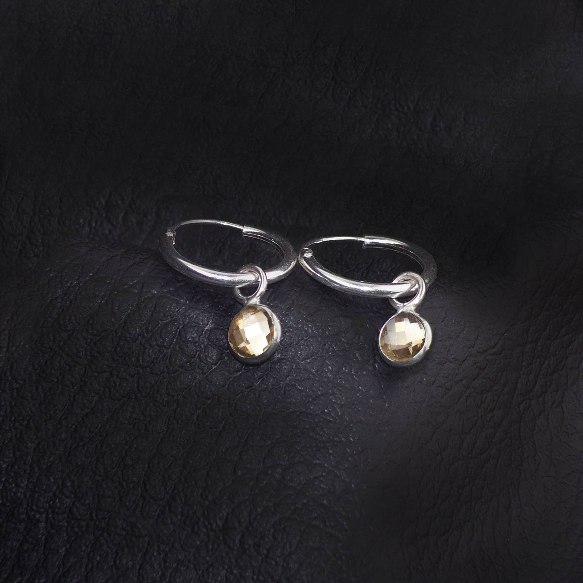 November Birthstone Hoop Earrings with Citrine Charm in Sterling Silver