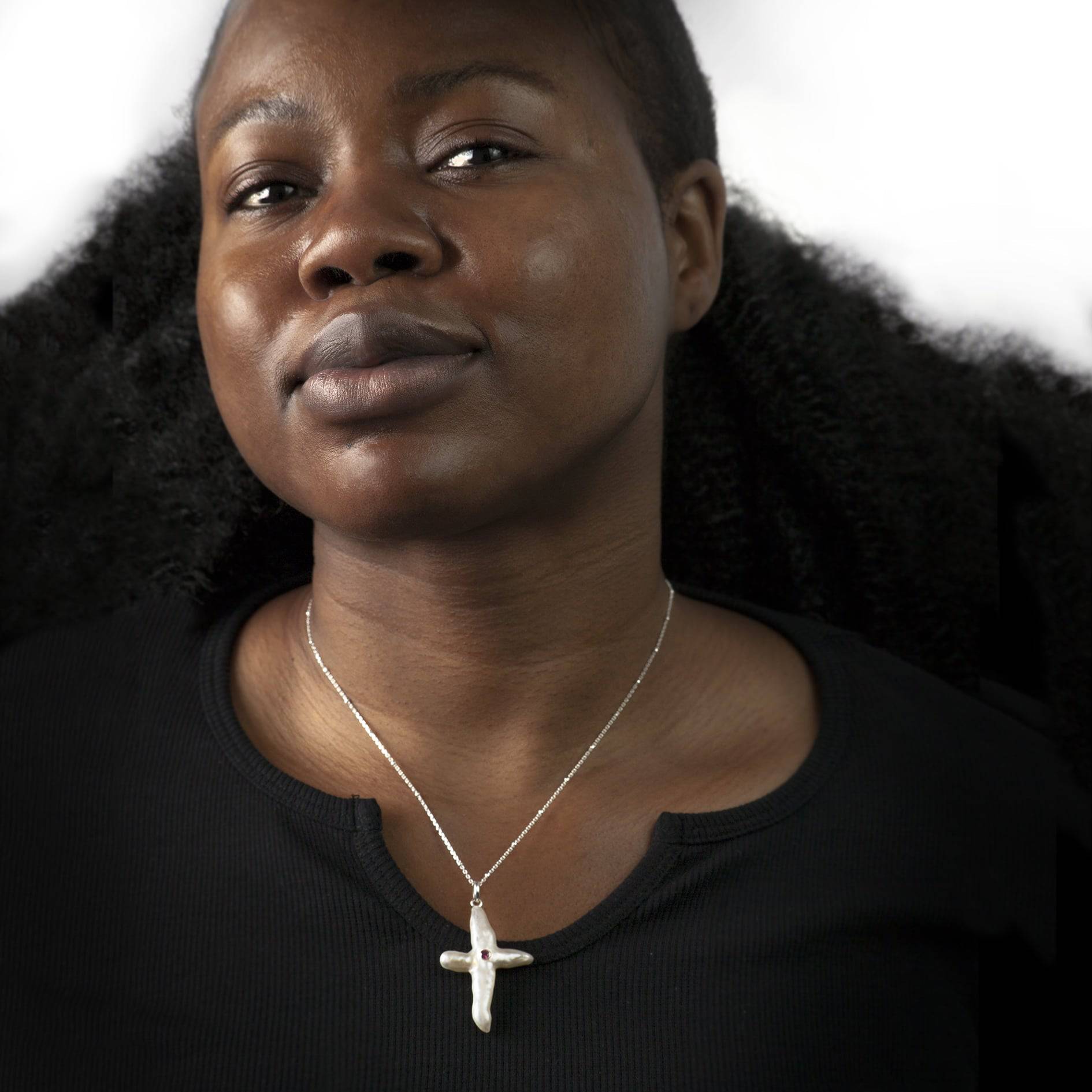 Cross Pearl Necklace with Ruby In Sterling Silver