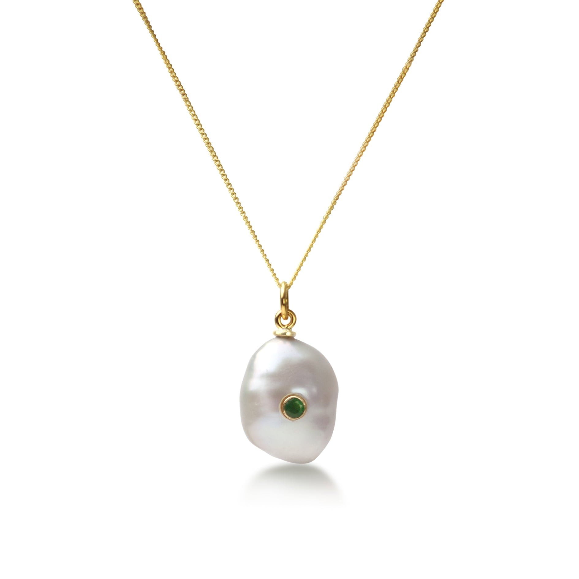 Keshi Pearl Necklace with Emerald in Solid Gold