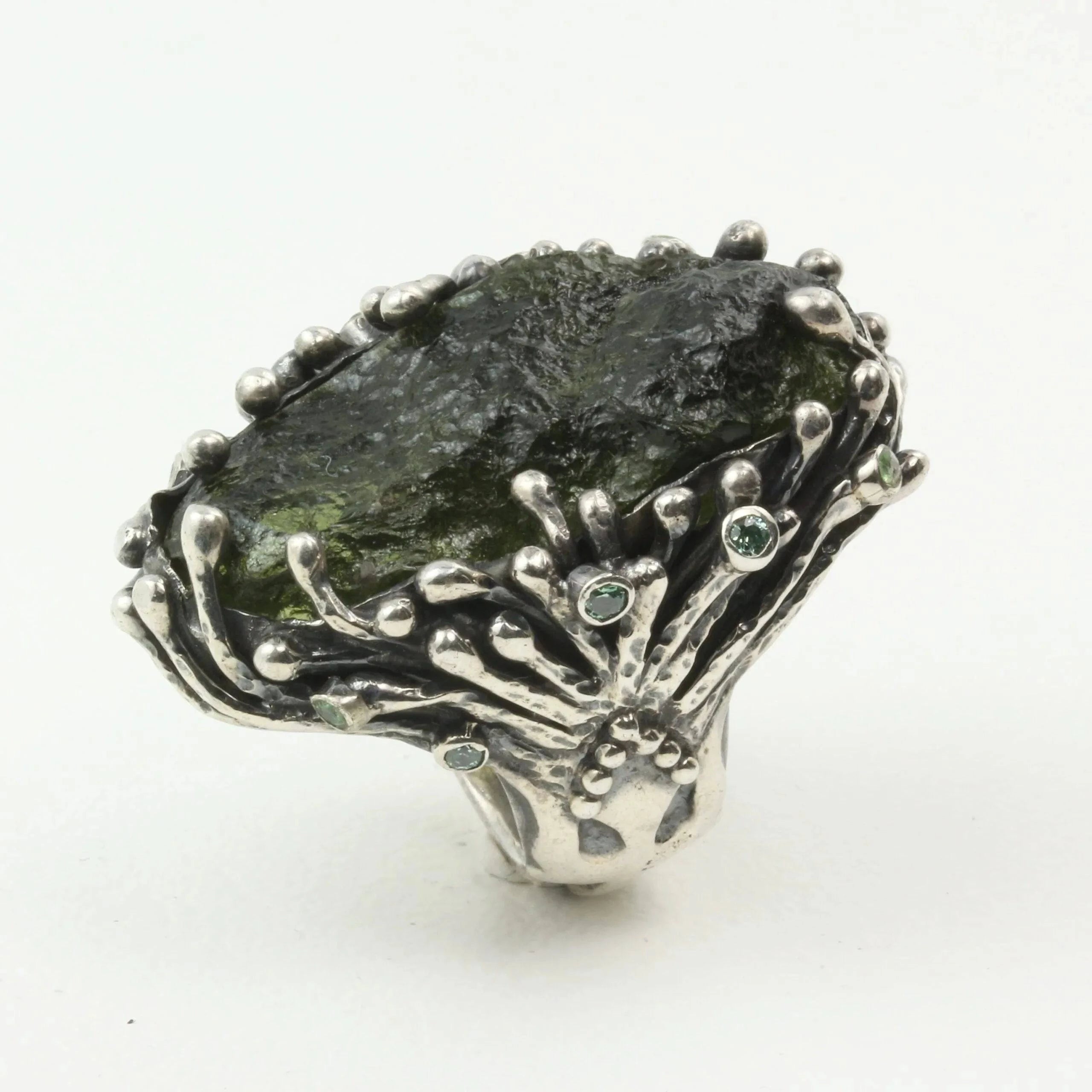 Mystic Forest Ring with Moldavite and Peridot in Sterling Silver