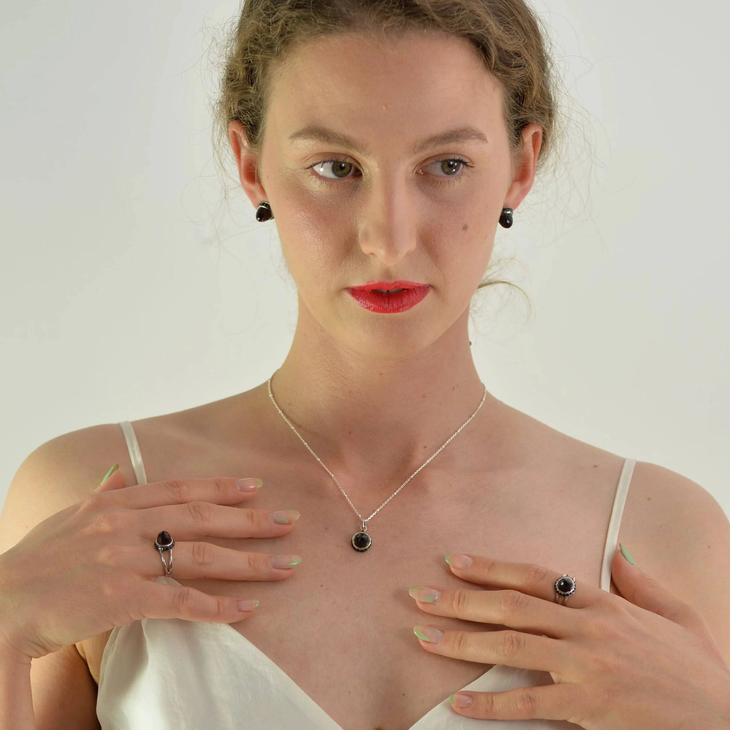 Istanbul Night Garnet and Black Spinel Pendant Necklace in Sterling Silver