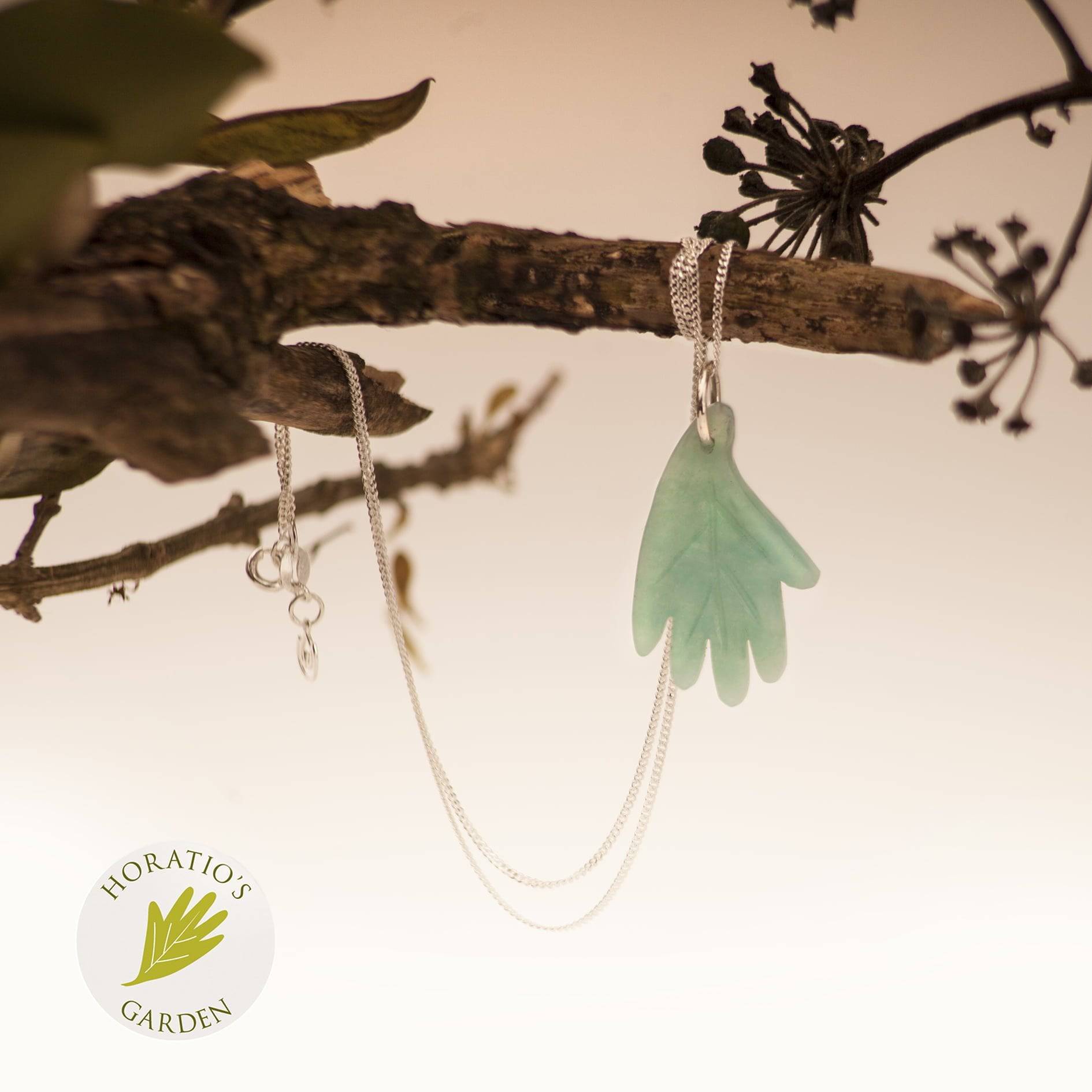 Green Quartz Oak Leaf Pendant Necklace in sterling silver