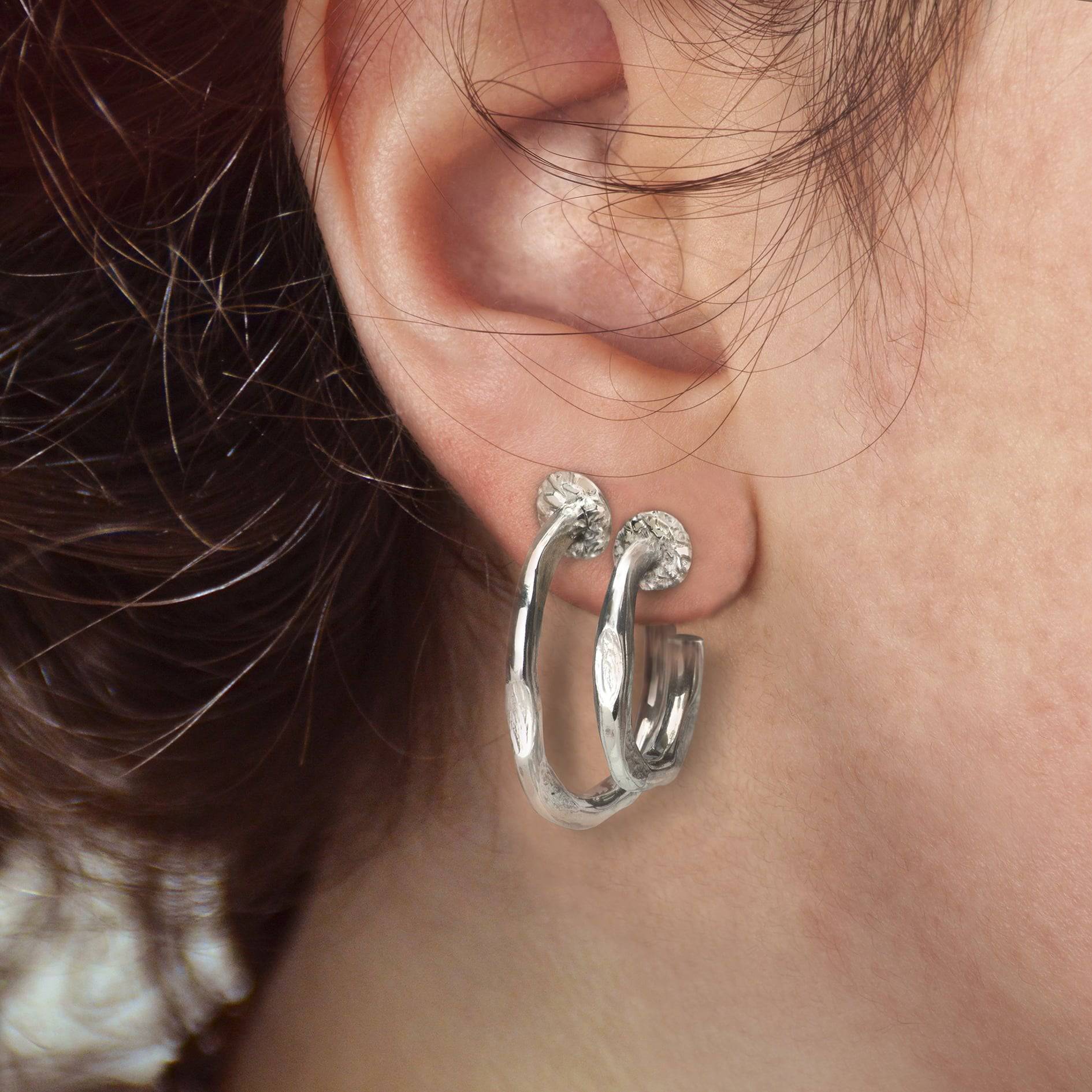 Hammered Open Hoop Stud Earrings in Sterling Silver