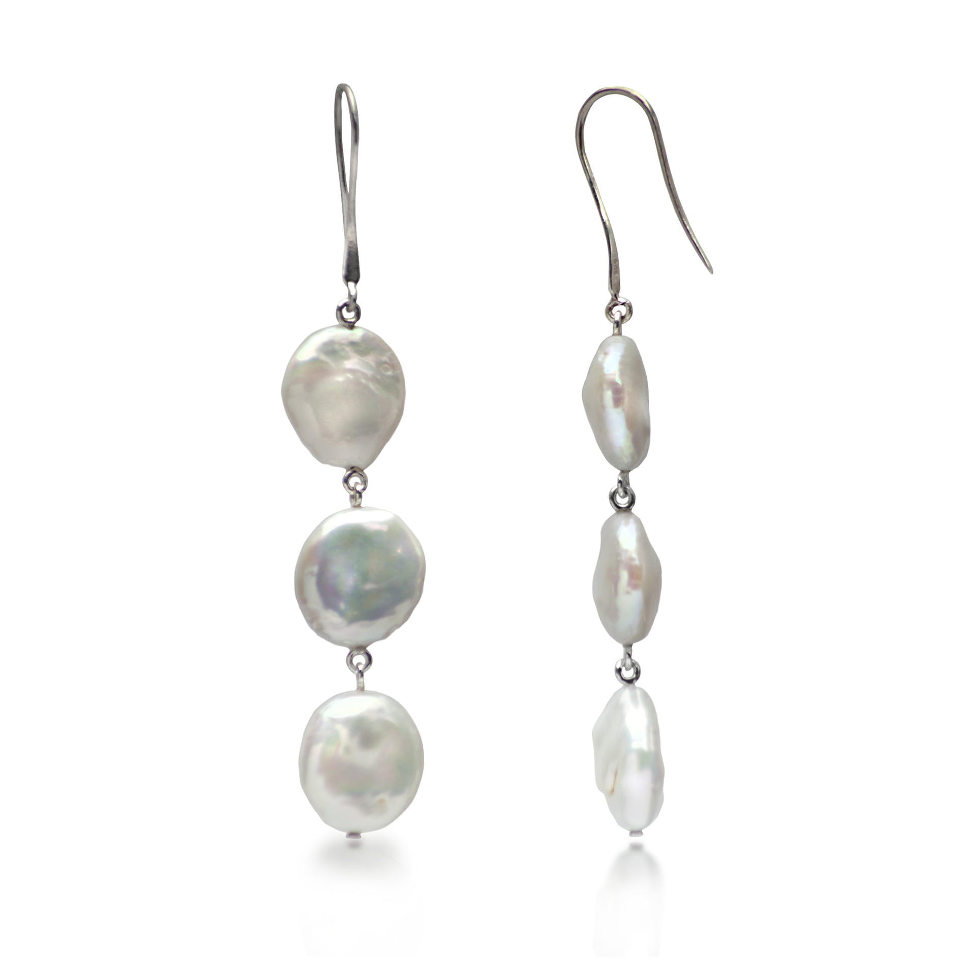 Keshi Pearl Coin 3 Layer Dangle Earrings in Sterling Silver