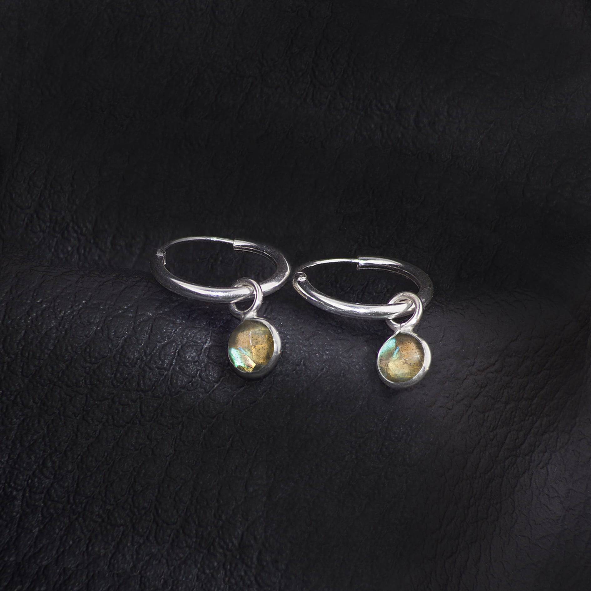 Hoop Earrings with Labradorite Charm in Sterling Silver