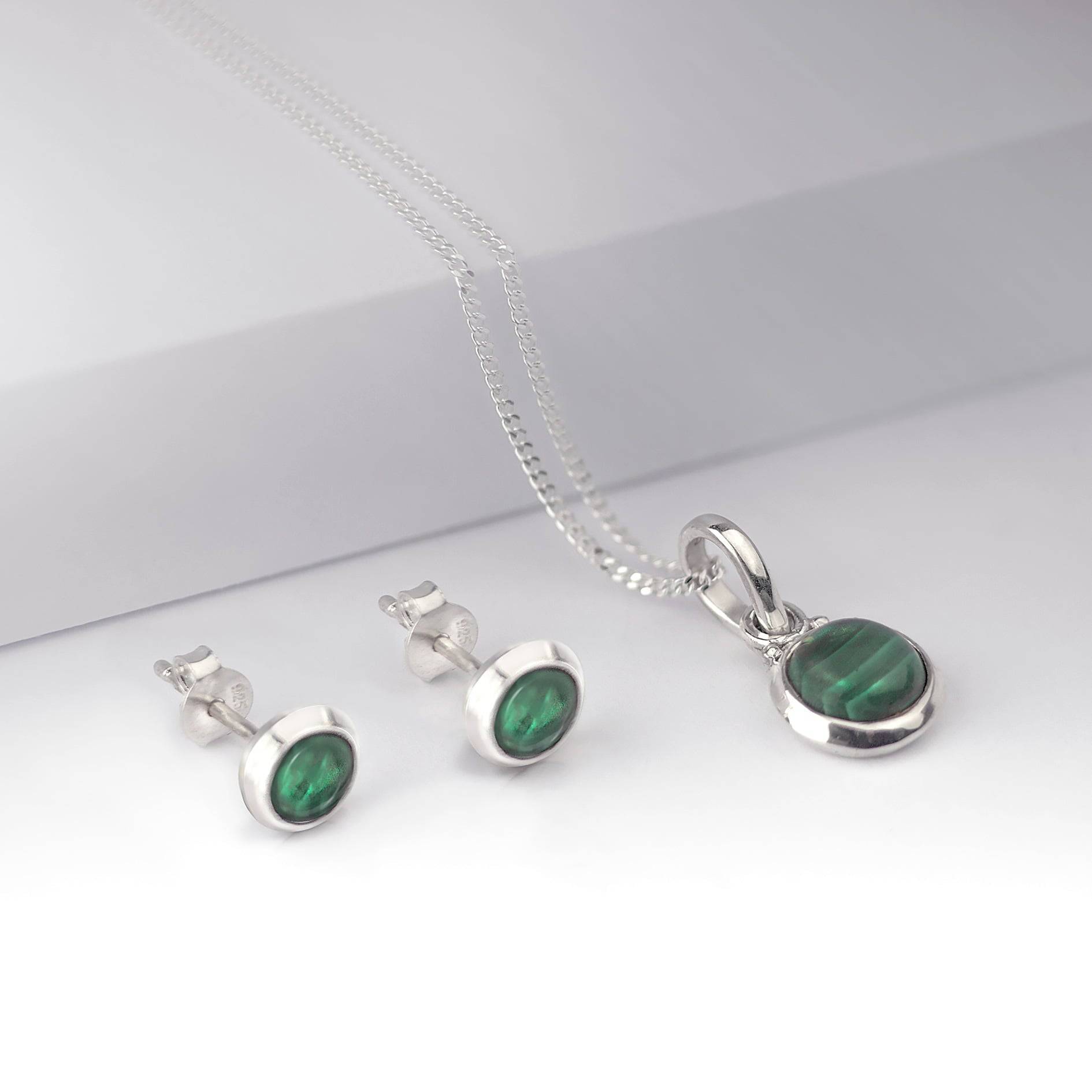 round malachite jewellery set in sterling silver