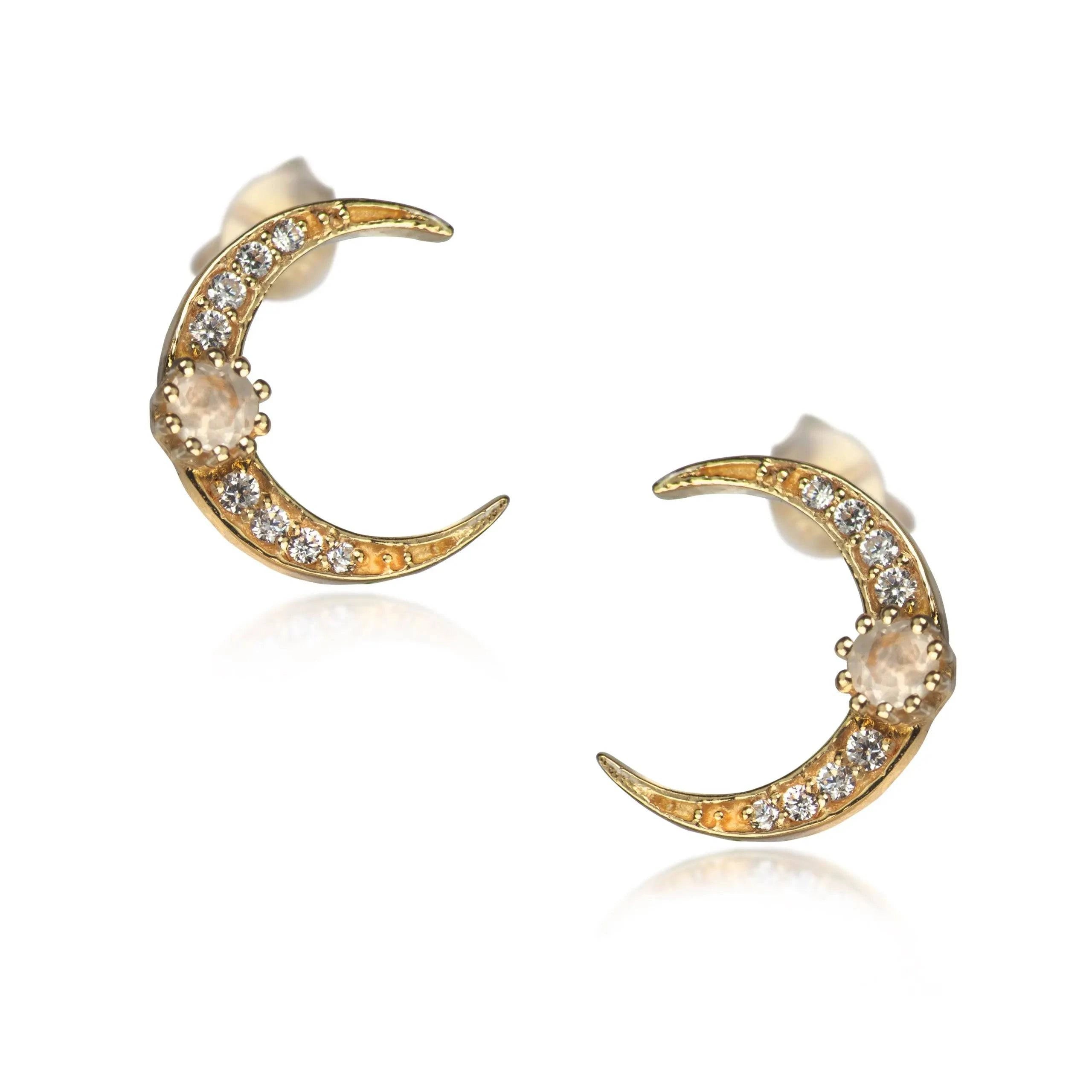 Moon Stud Earrings With Moonstone In Gold Vermeil