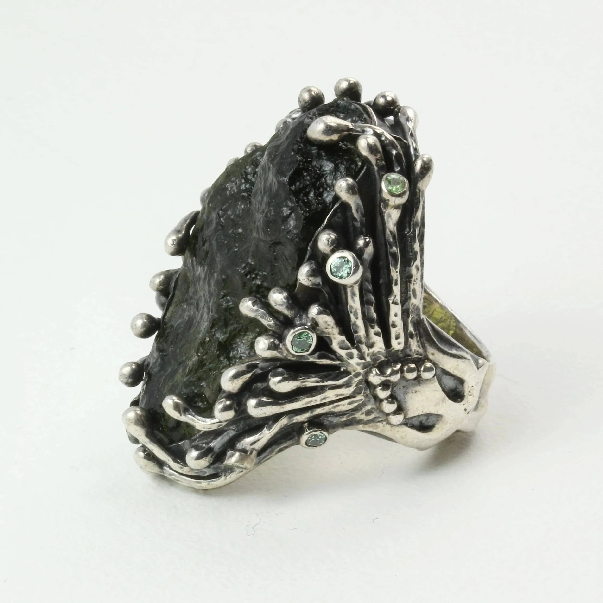 Mystic Forest Ring with Moldavite and Peridot in Sterling Silver