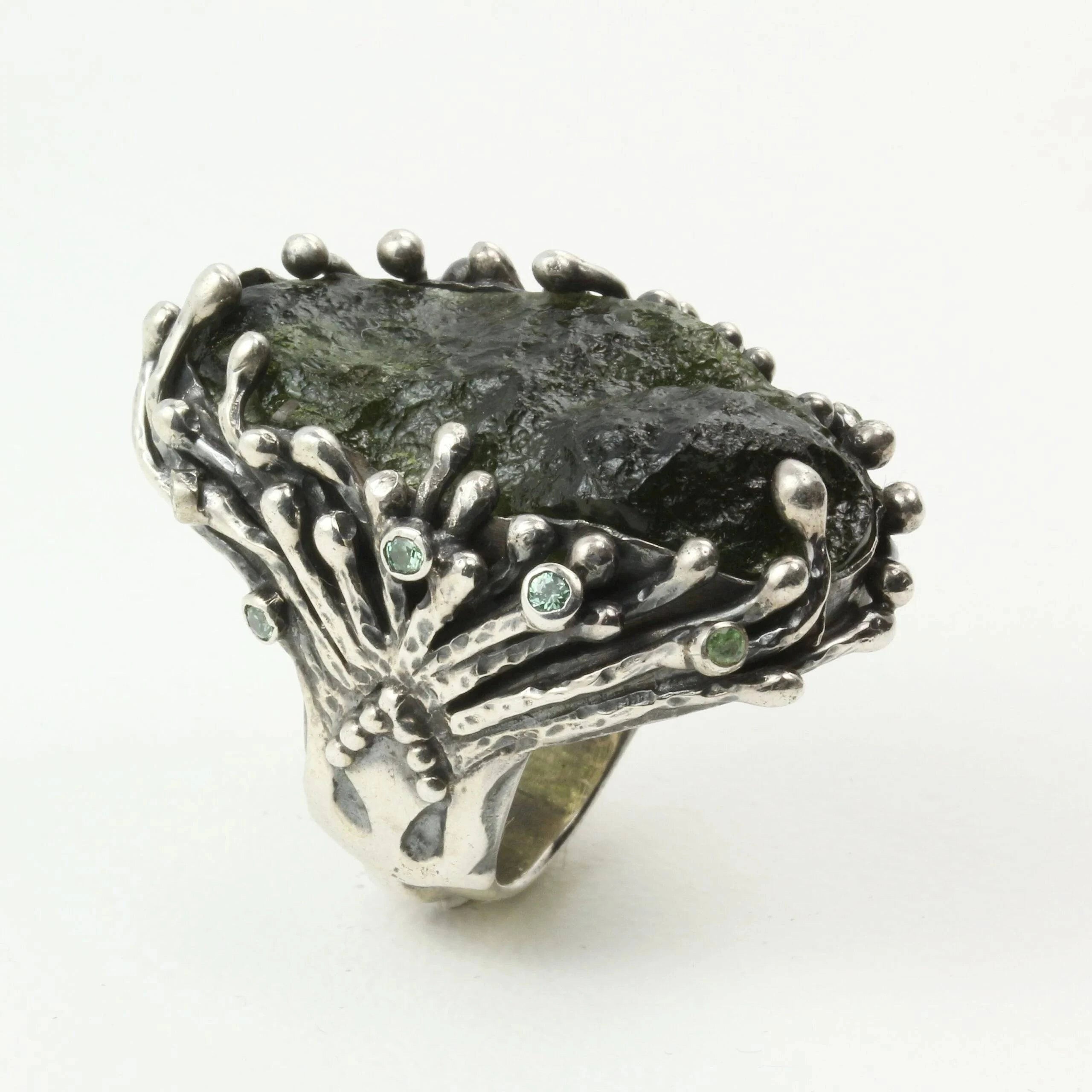 Mystic Forest Ring with Moldavite and Peridot in Sterling Silver