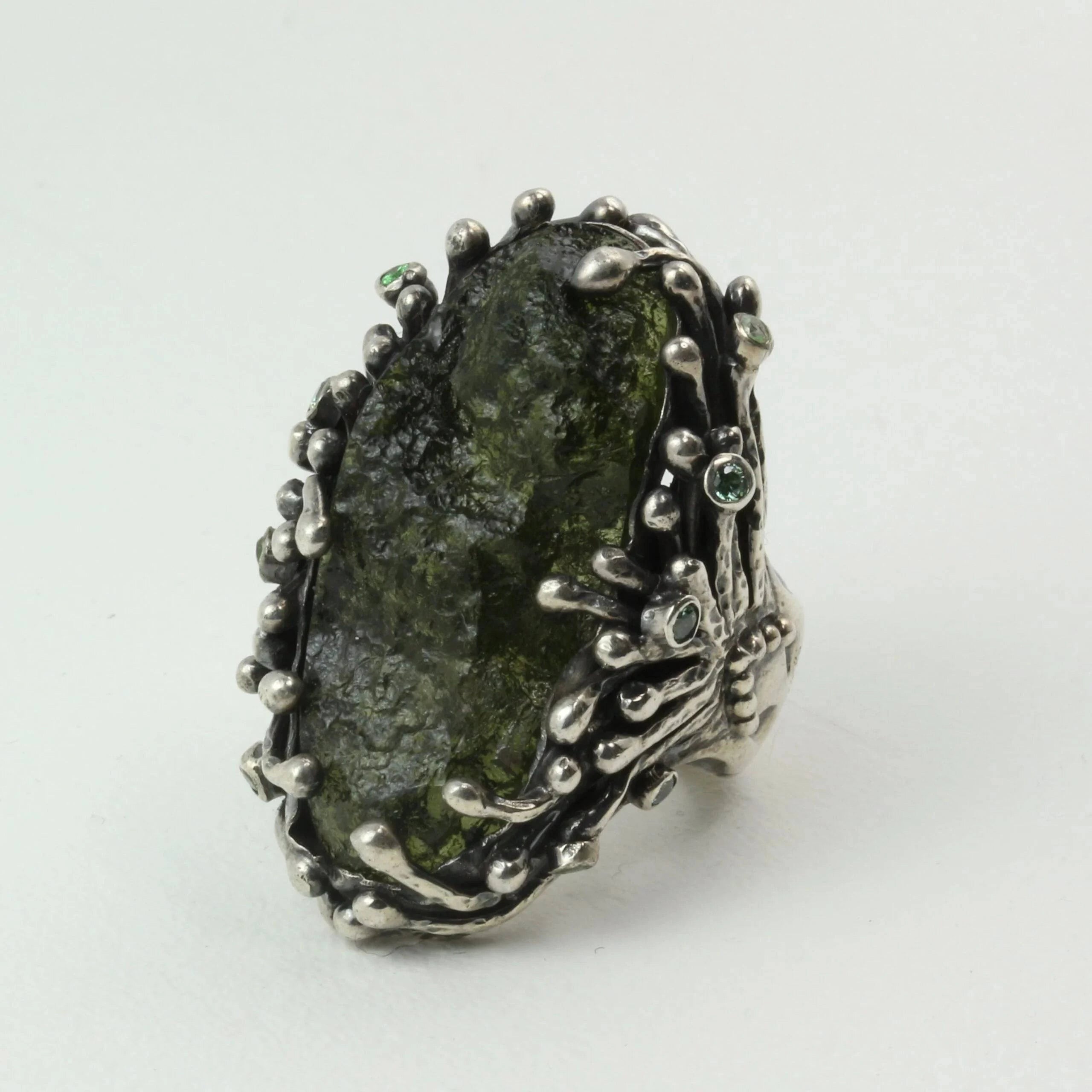 Mystic Forest Ring with Moldavite and Peridot in Sterling Silver