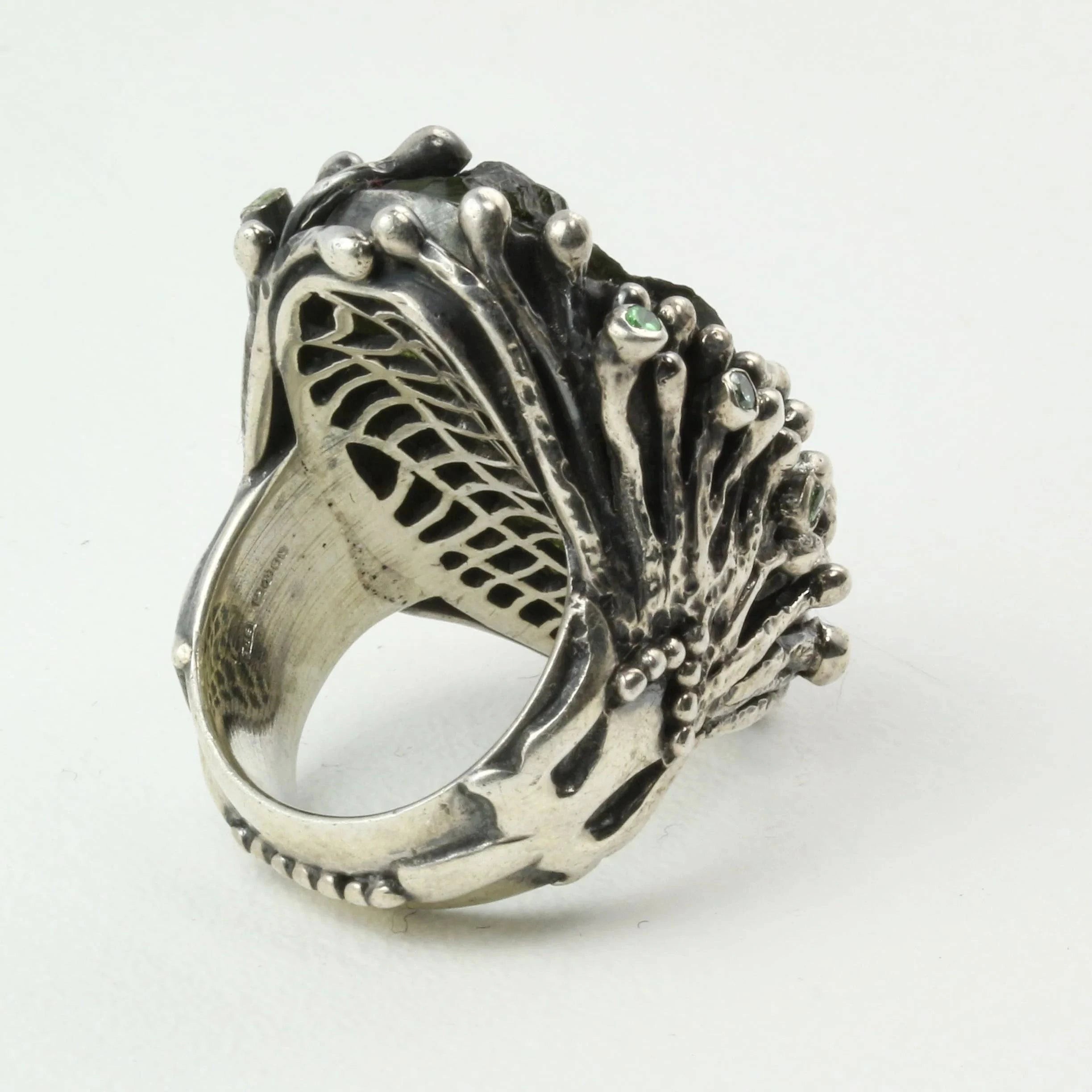 Mystic Forest Ring with Moldavite and Peridot in Sterling Silver