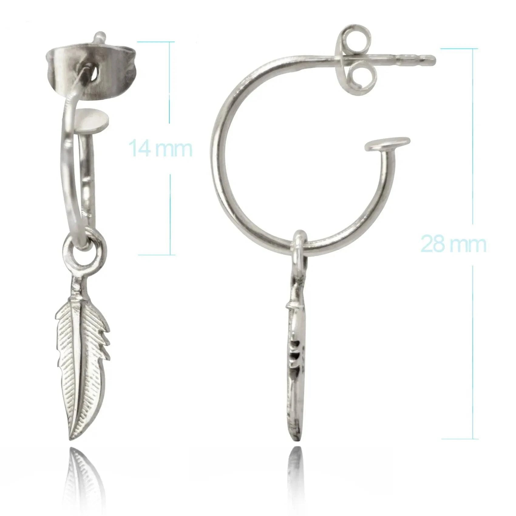 Open Hoop Earrings with Feather Charm in Sterling Silver