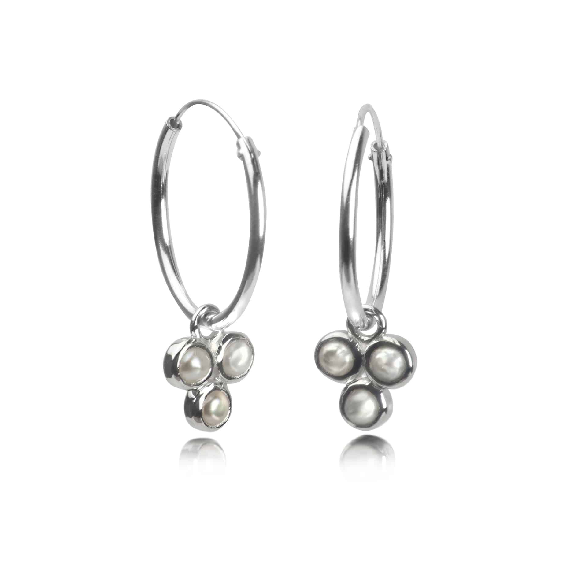 Hoop Earrings with Fresh Water Pearl Trilogy Charm in Sterling Silver