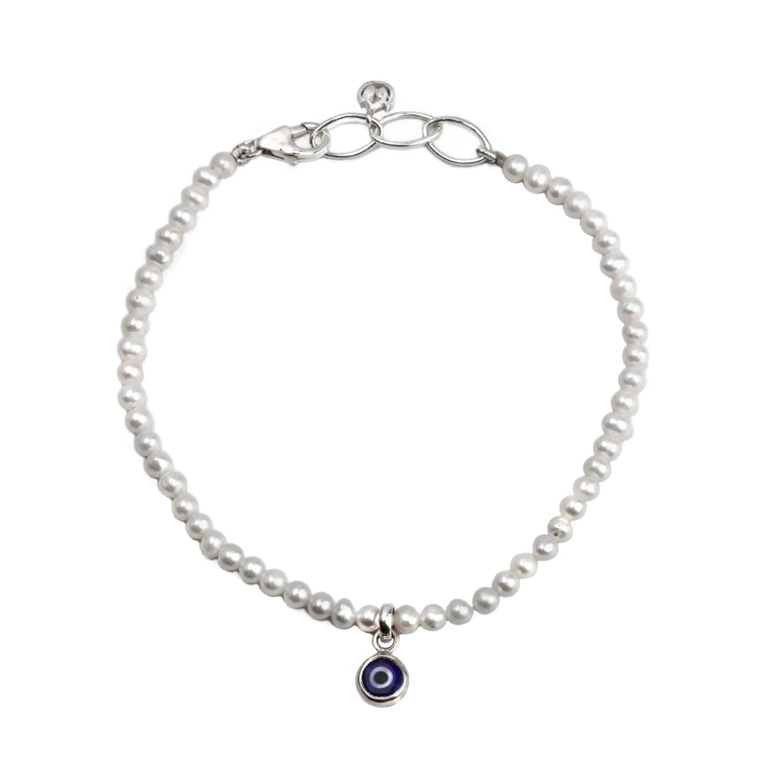 Fresh Water Pearl Bracelet With Nazar Charm in Sterling Silver