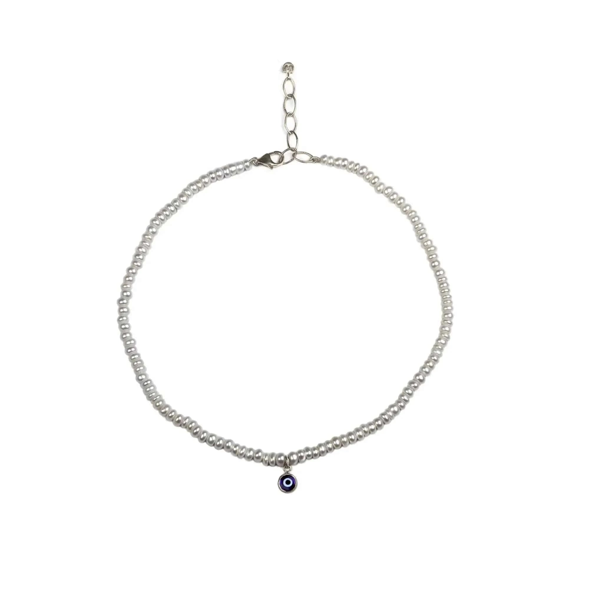 Fresh Water Pearl Choker Necklace With Nazar Charm In Sterling Silver