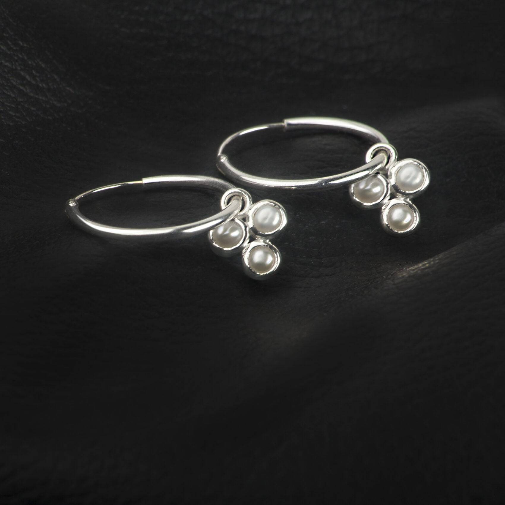 Hoop Earrings with Fresh Water Pearl Trilogy Charm in Sterling Silver