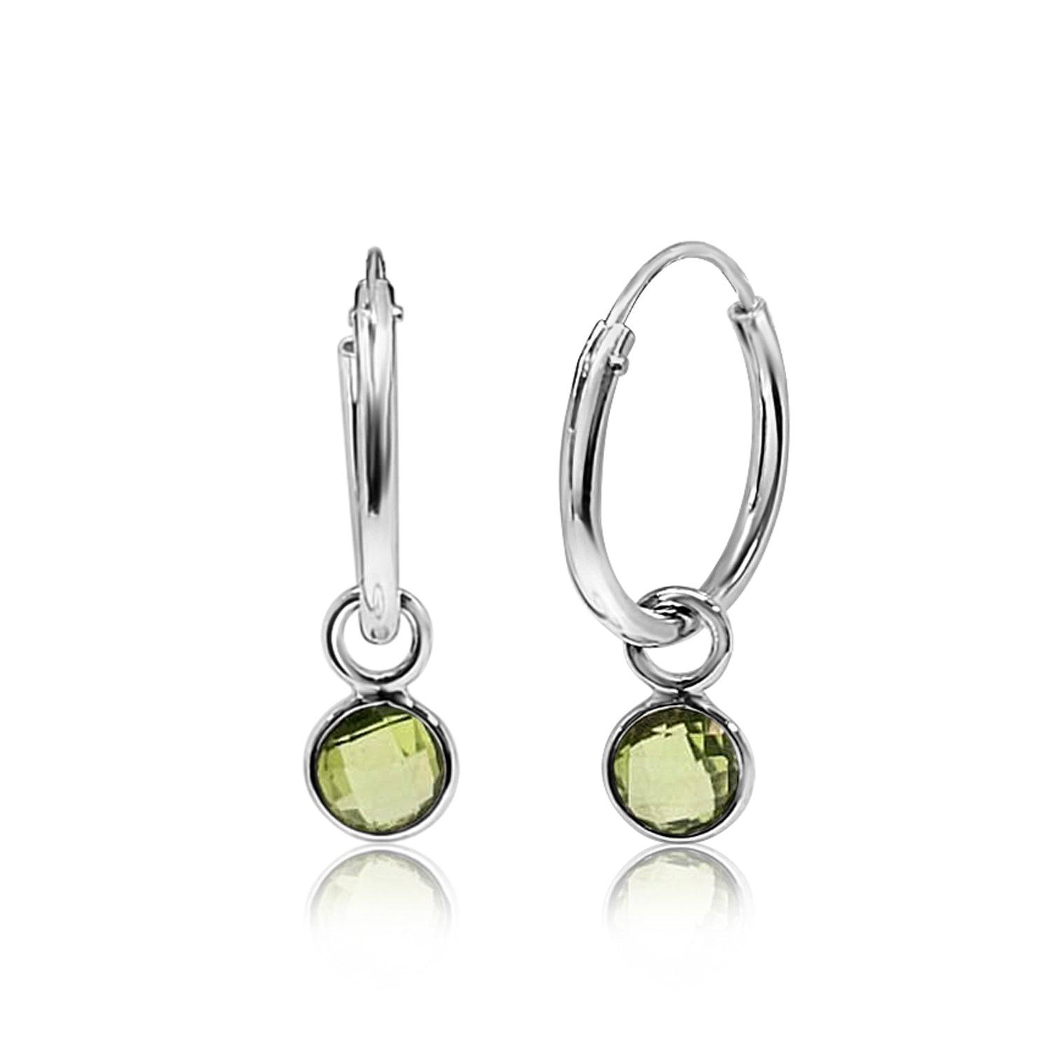 August Birthstone Hoop Earrings with Peridot Charm in Sterling Silver