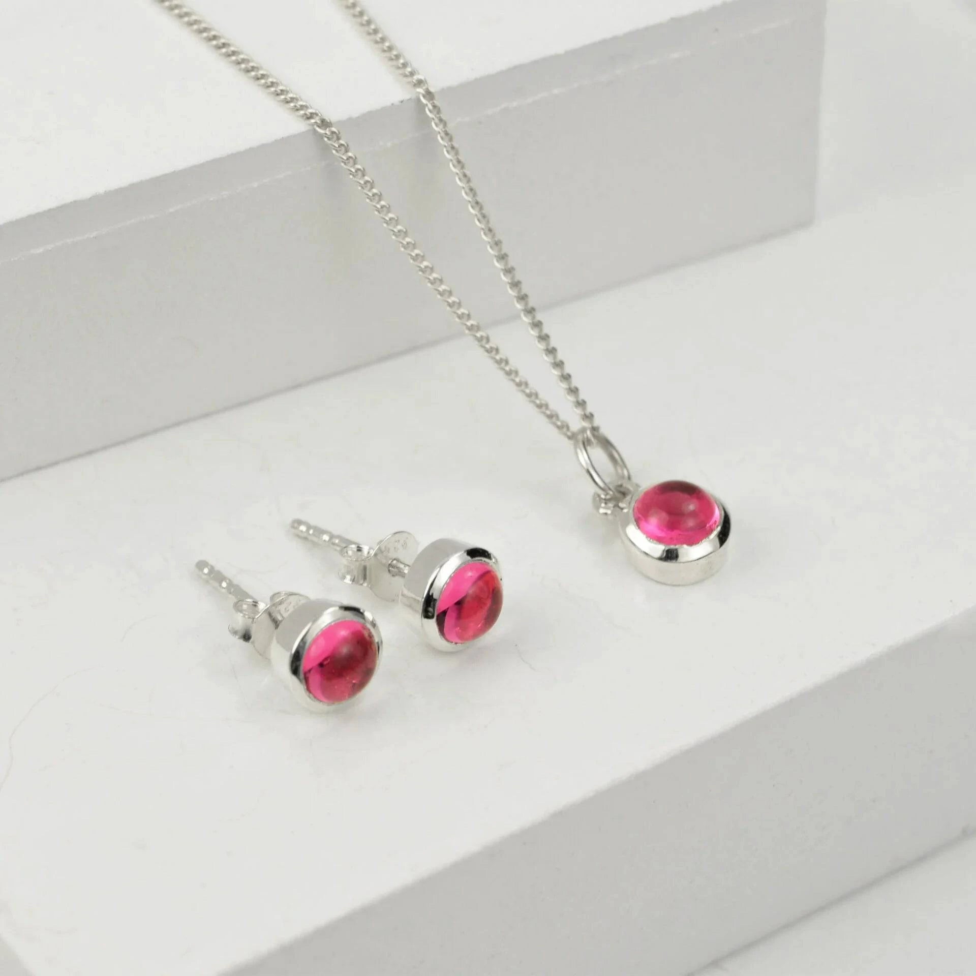 October Birthstone Jewellery Set with Pink Tourmaline -Studs and Charm Necklace