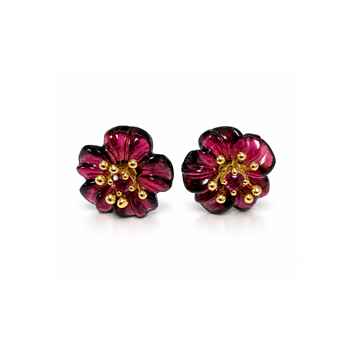 Flower Studs with Garnet In 14ct Solid Gold