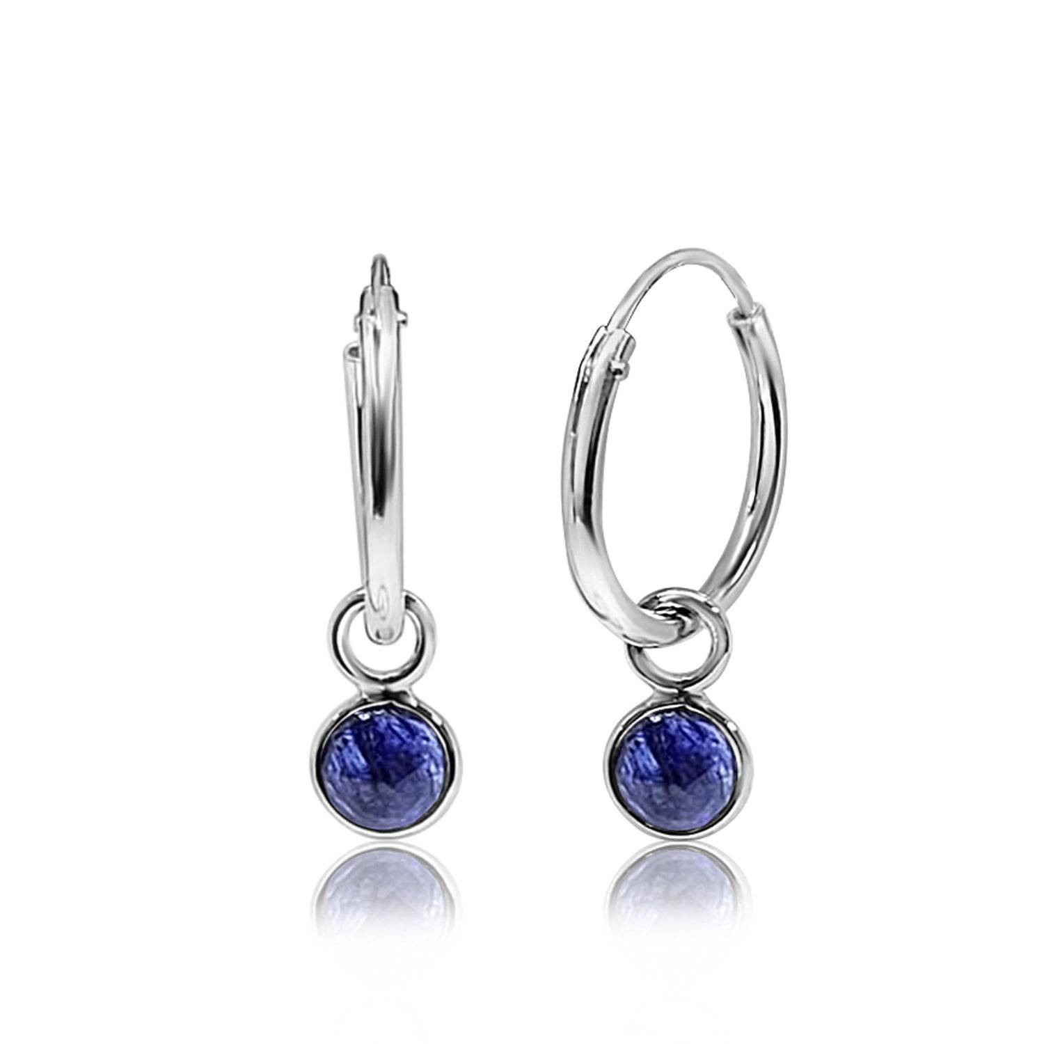 September Birthstone Hoop Earrings with Blue Sapphire Charm in Sterling Silver
