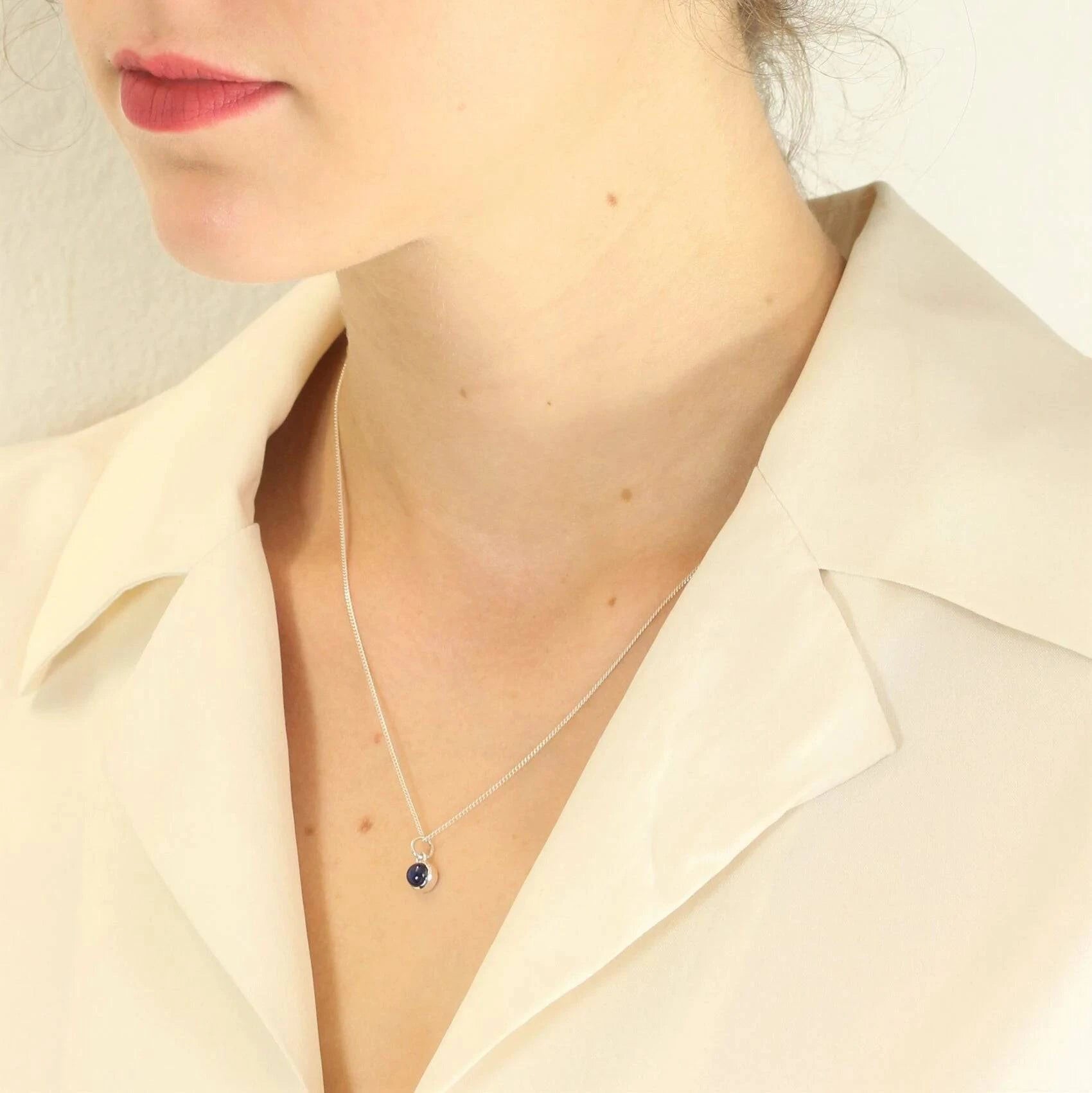 September Birthstone Necklace - Blue Sapphire Gemstone Charm Pendant in Silver