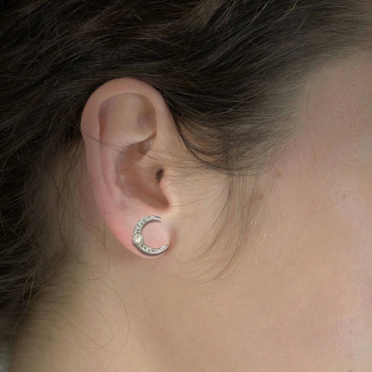 Moon Stud Earrings With Moonstone In Sterling Silver