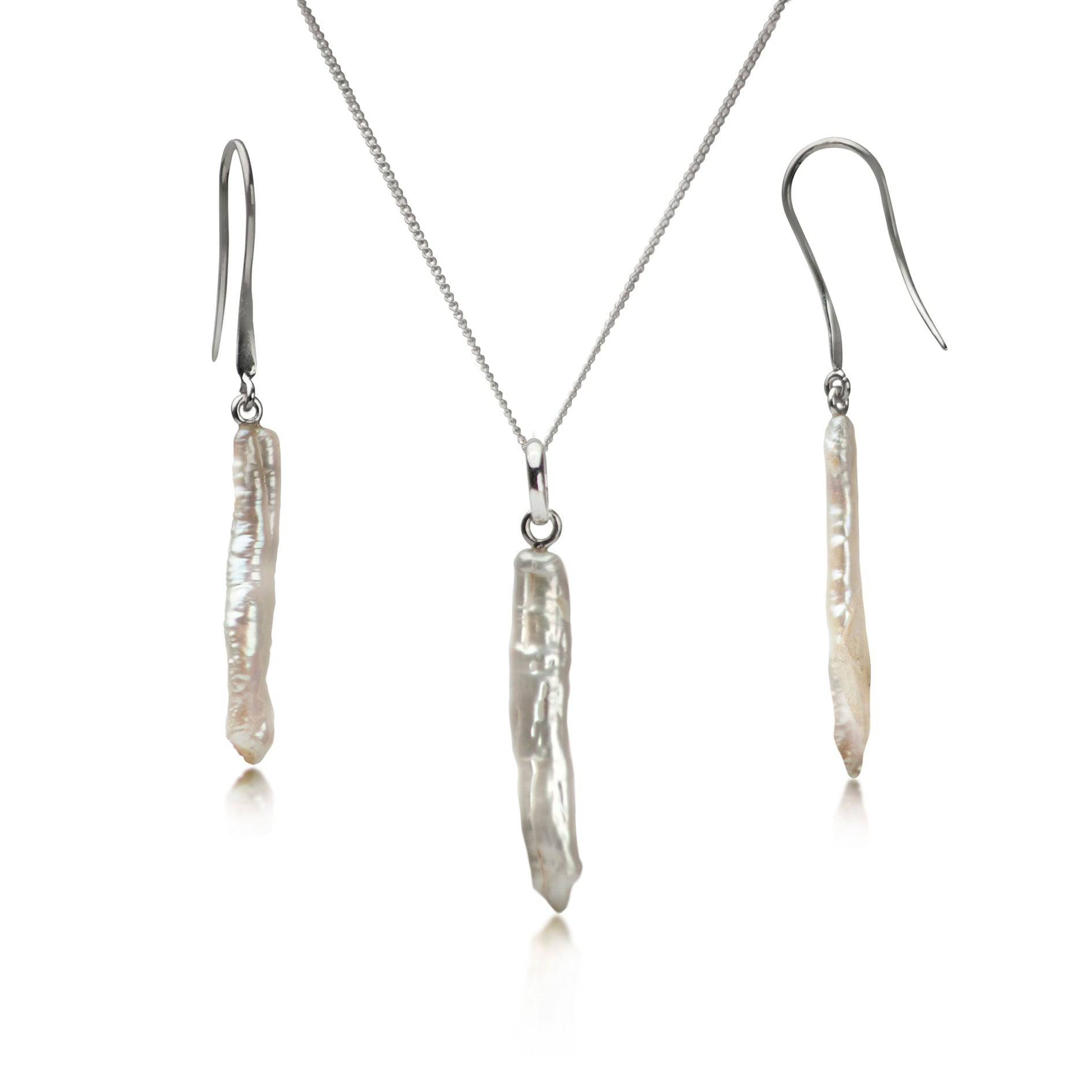Thin Biwa Pearl Jewellery Set in Sterling Silver with earrings and necklace