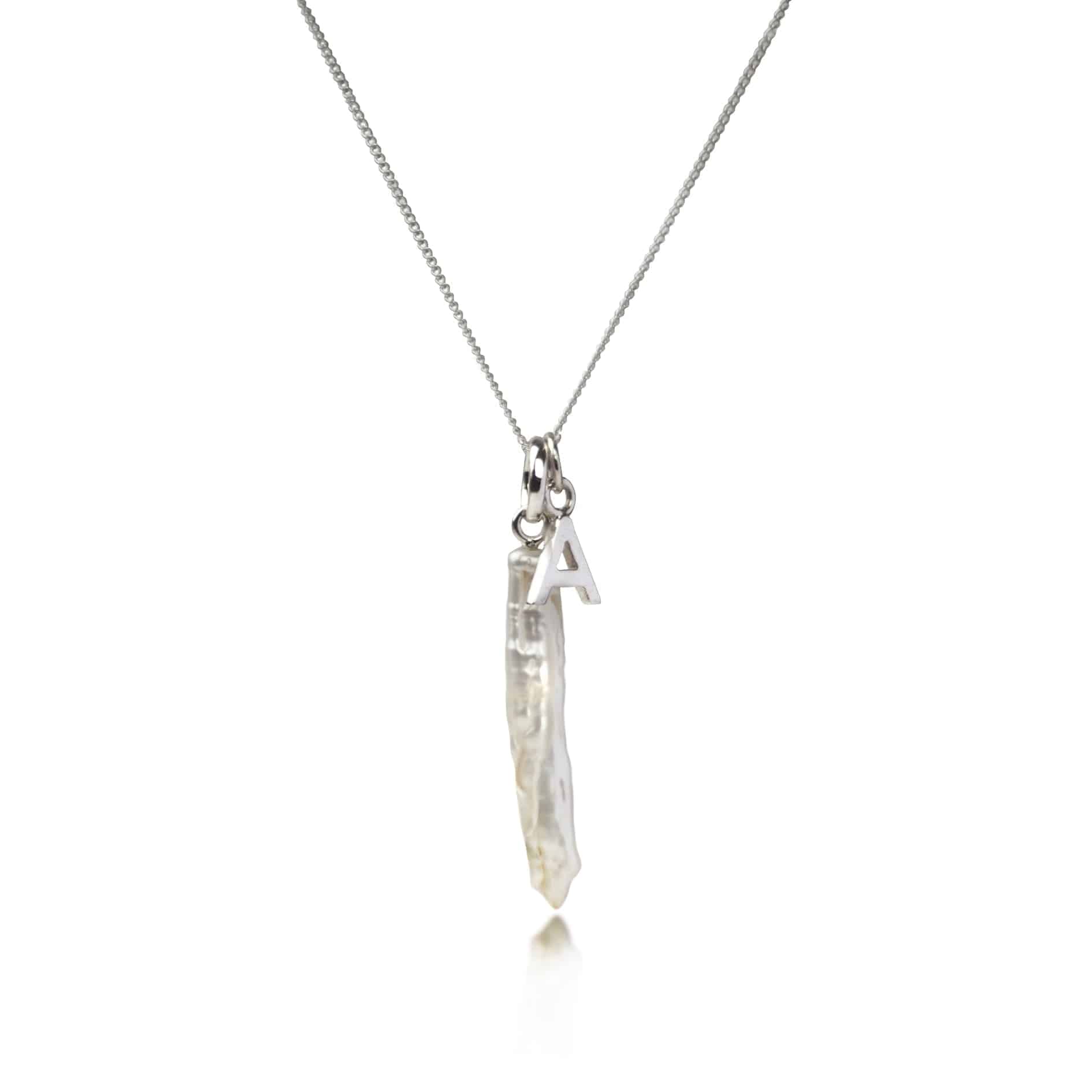 Thin Biwa Pearl Necklace in Sterling Silver with initial pendant