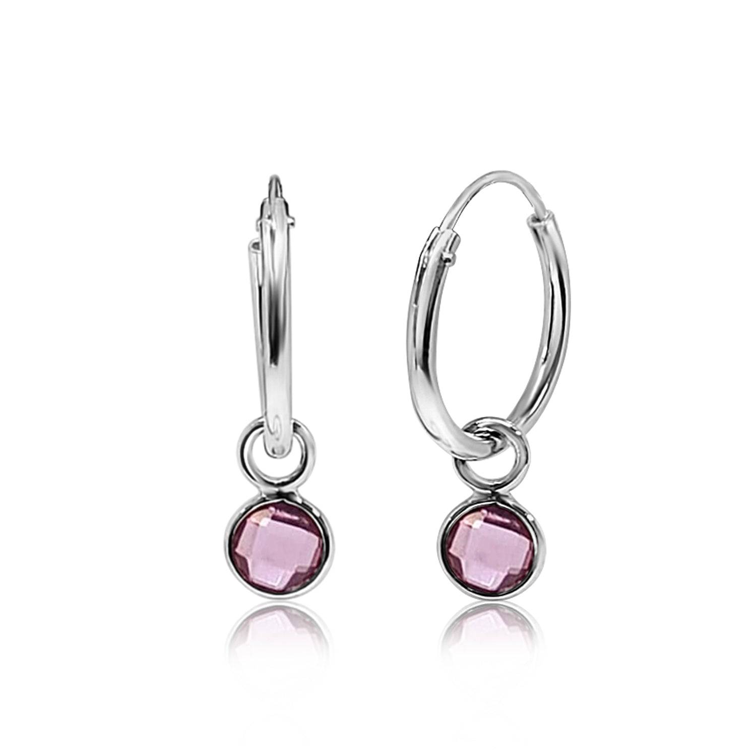 October Birthstone Hoop Earrings with Pink Tourmaline Charm in Sterling Silver