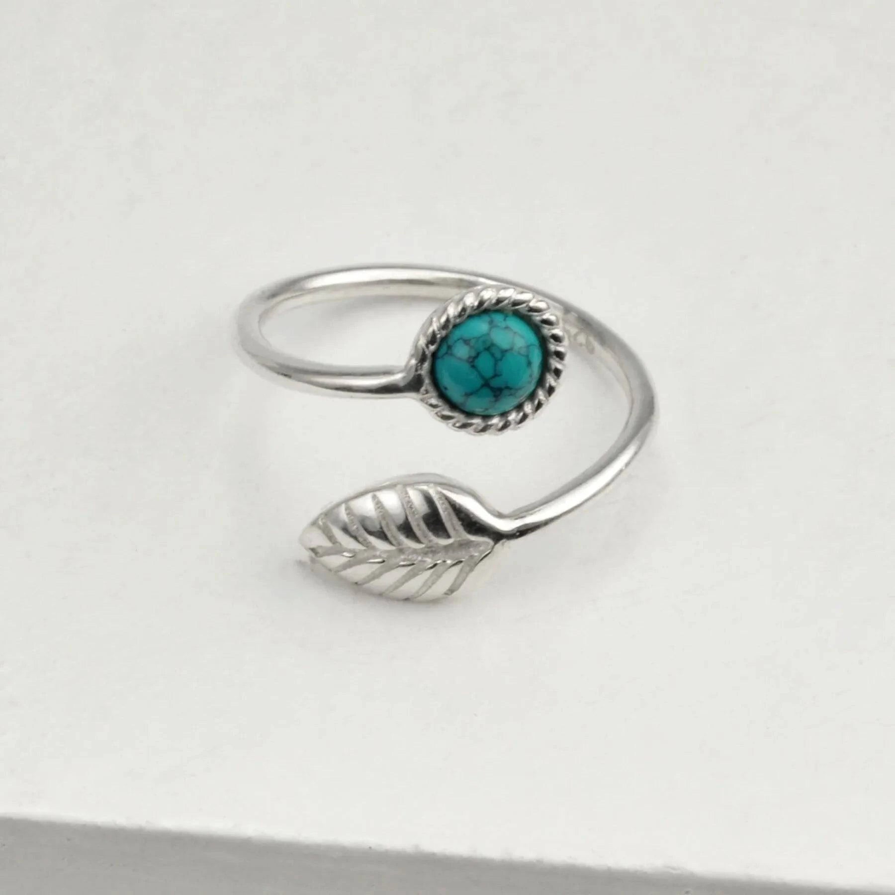 Adjustable Turquoise and Tiny Leaf Ring in Sterling Silver