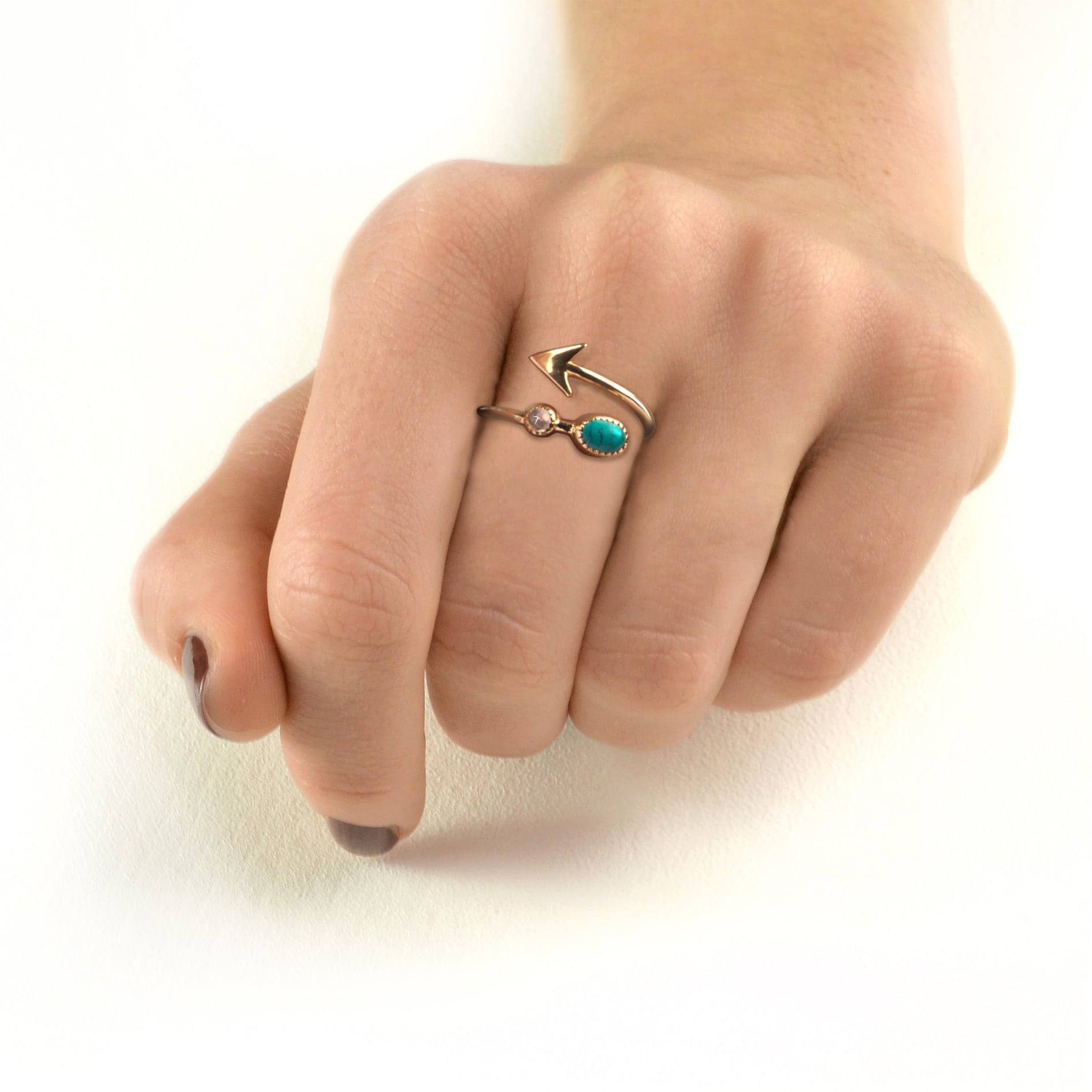 Adjustable Arrow Ring with Turquoise and Moonstone in Gold Vermeil