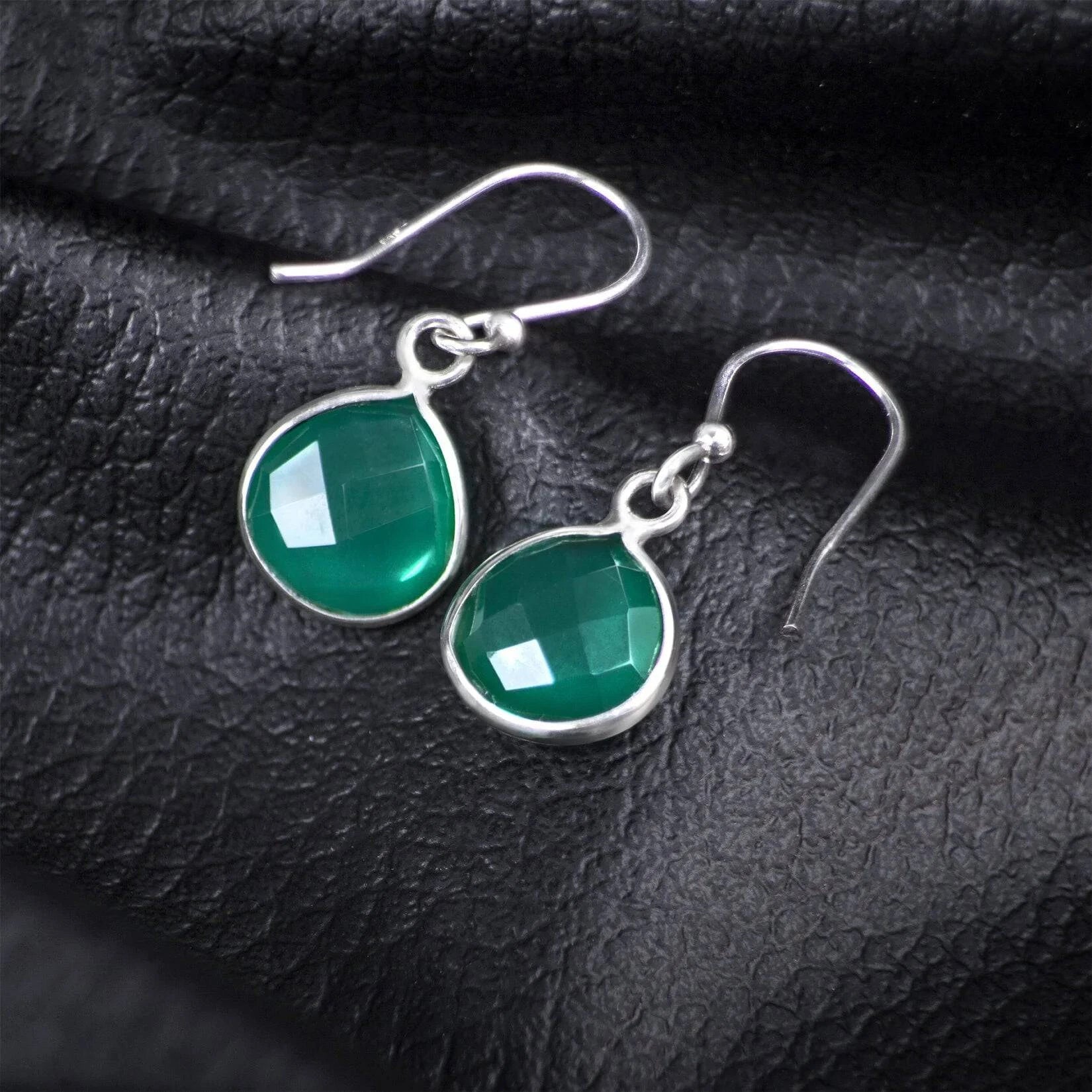 Teardrop Earrings with Genuine Green Onyx Gemstones in Sterling Silver