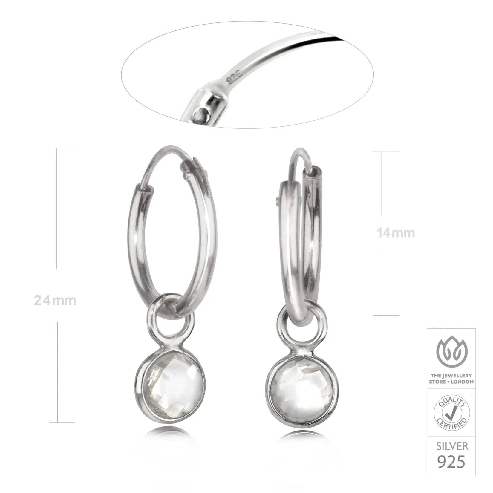 April Birthstone Hoop Earrings with Crystal Charm in Sterling Silver