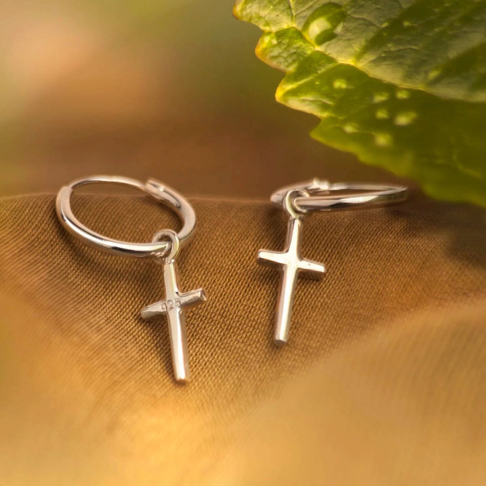 Hoop Earrings with Plain Cross Charm in Sterling Silver